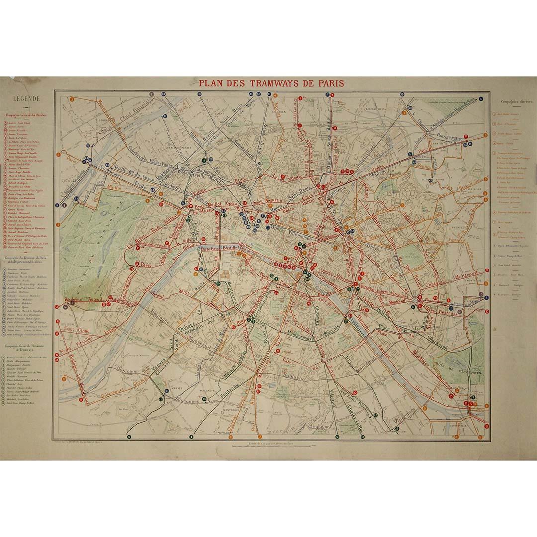 The 1899 "Plan des Tramways de Paris" by Wuhrer is a fascinating snapshot of Paris's public transportation landscape at the dawn of the 20th century. This meticulously crafted map delineates the extensive network of tramway lines that crisscrossed