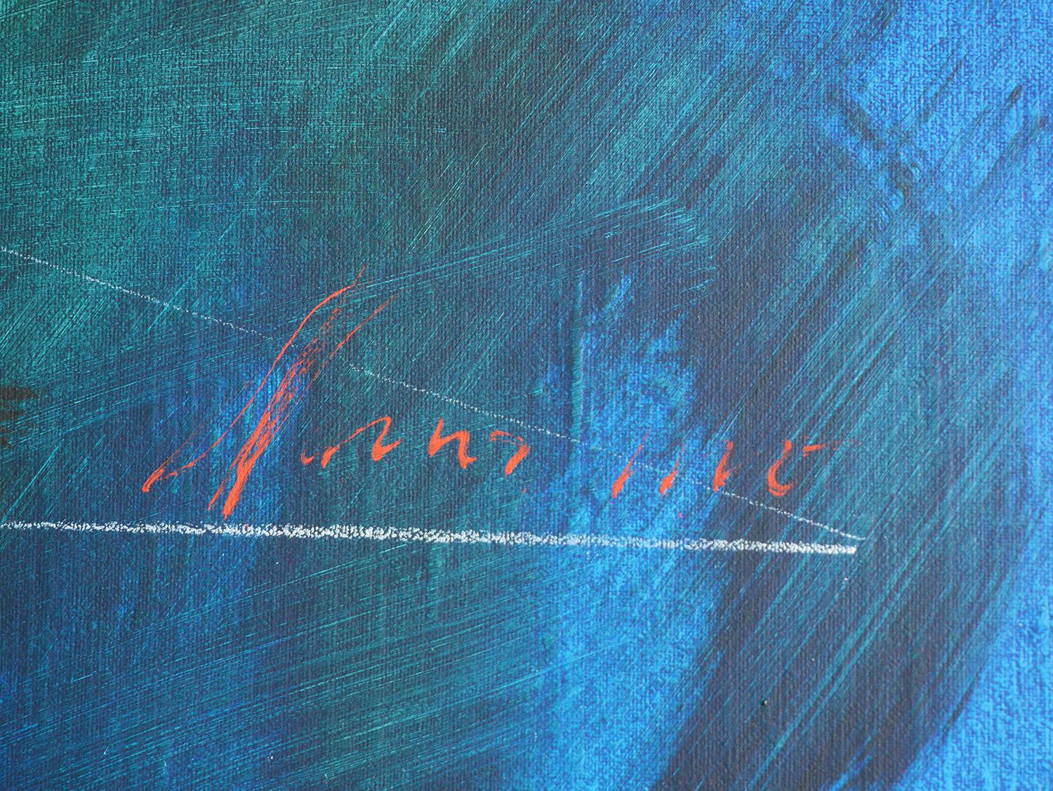Peinture moderne contemporaine de paysage de plage tropical bleu aux tons bleus 