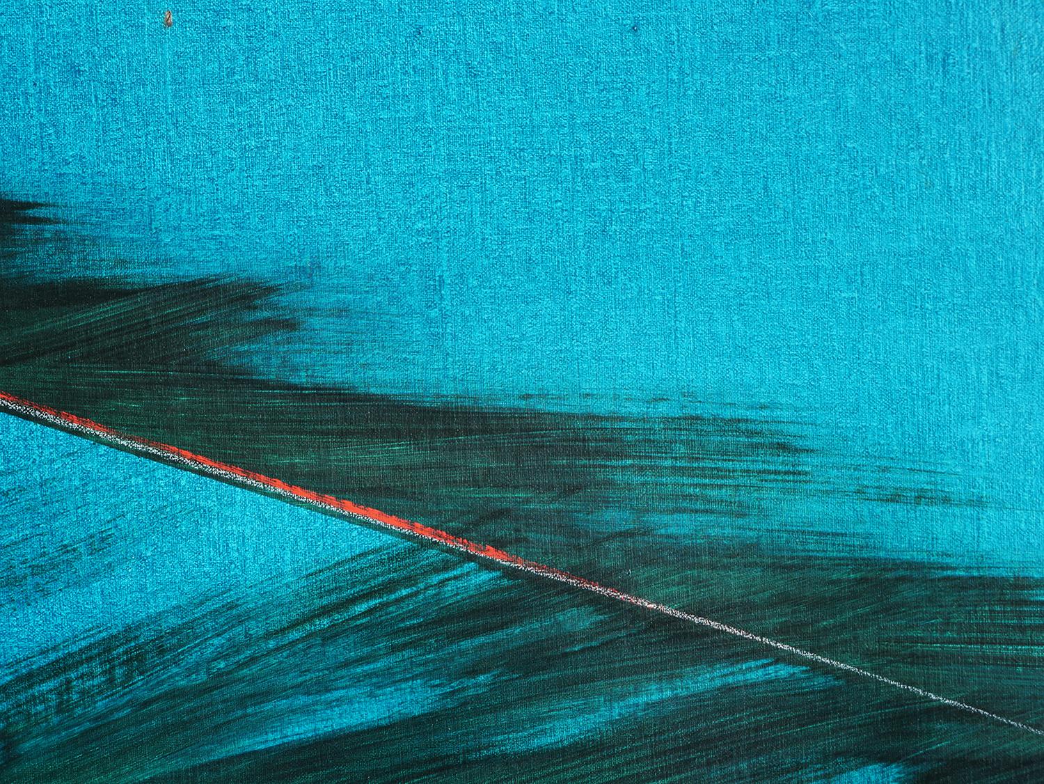 Peinture moderne contemporaine de paysage de plage tropical bleu aux tons bleus 