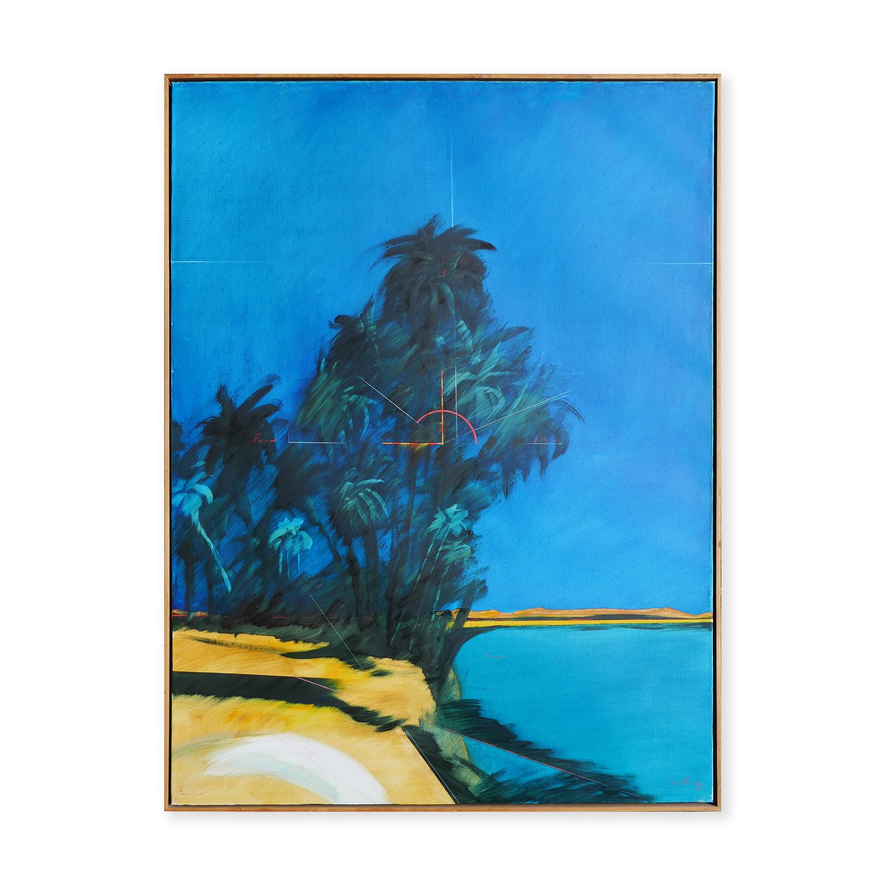 Peinture moderne contemporaine de paysage de plage tropical bleu aux tons bleus 
