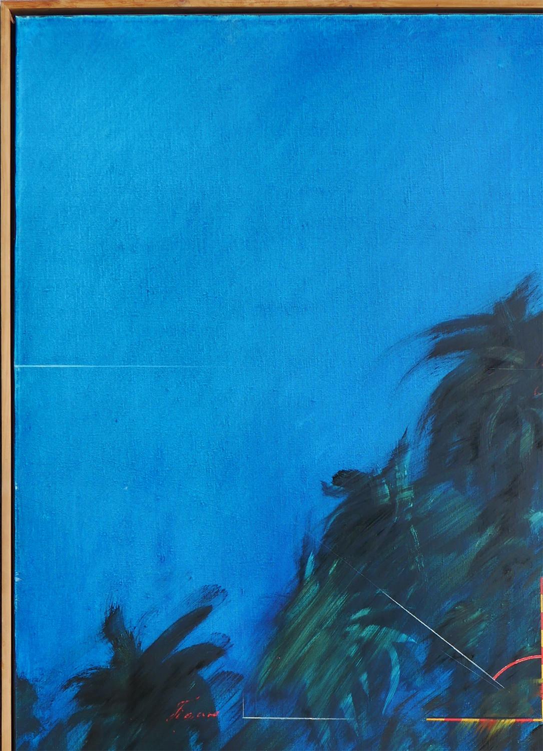 Peinture moderne contemporaine de paysage de plage tropical bleu aux tons bleus 