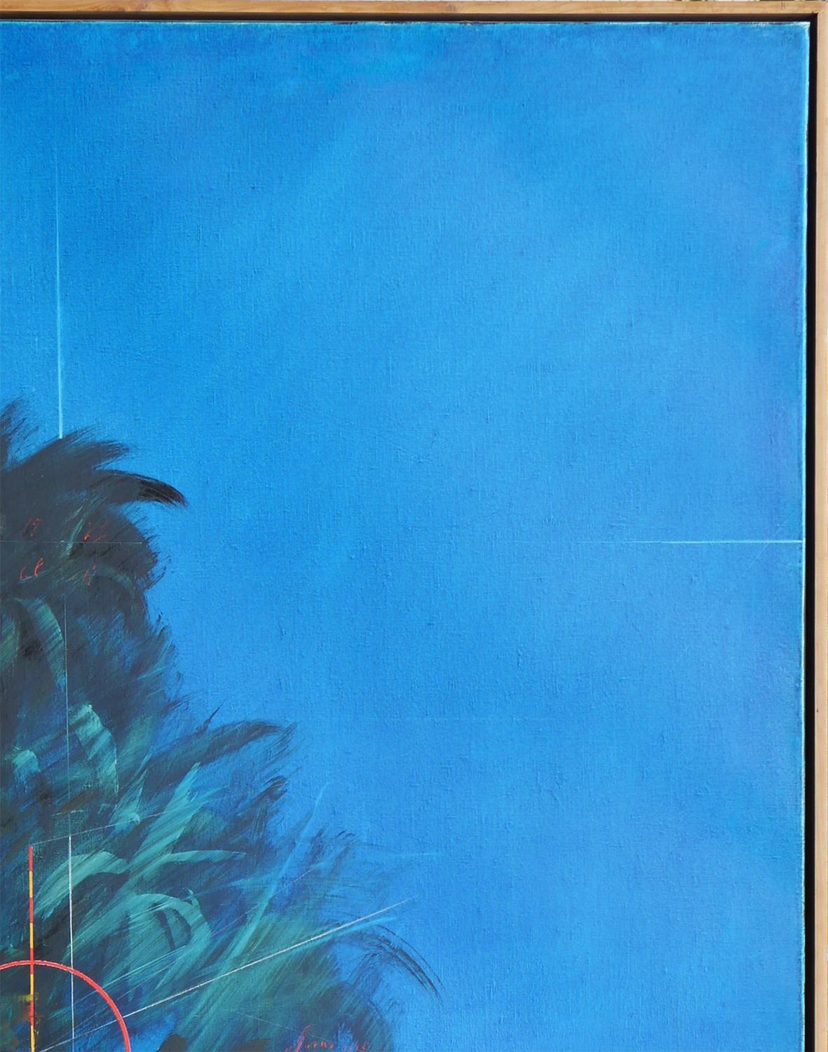 Peinture de paysage moderne et contemporaine de l'artiste d'origine allemande Wulf Barsch. L'œuvre présente une scène de paysage de plage tropicale avec des marques mathématiques et géométriques superposées au centre. Signé et daté au recto en bas à
