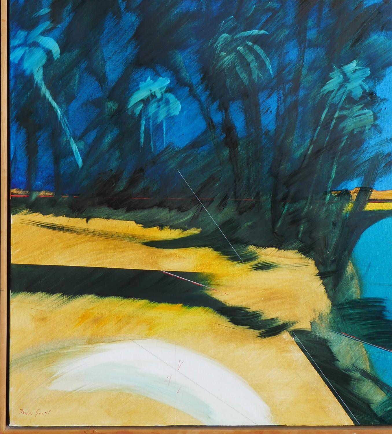 Peinture moderne contemporaine de paysage de plage tropical bleu aux tons bleus 