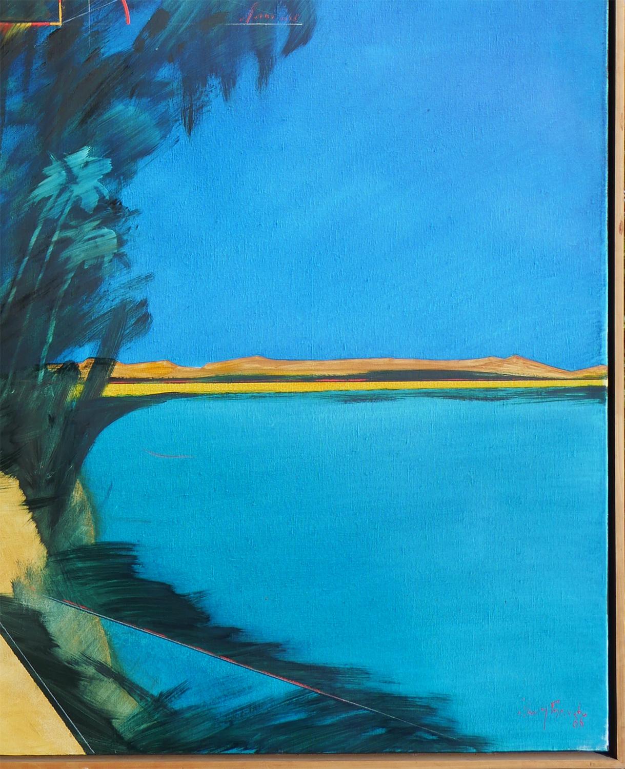 Peinture moderne contemporaine de paysage de plage tropical bleu aux tons bleus 