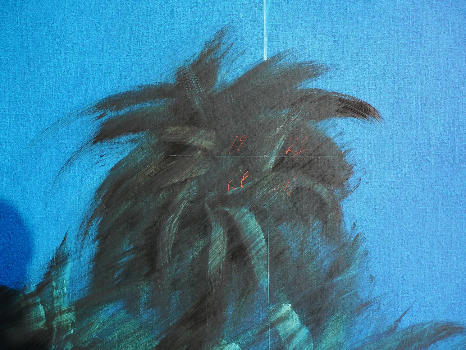 Peinture moderne contemporaine de paysage de plage tropical bleu aux tons bleus 