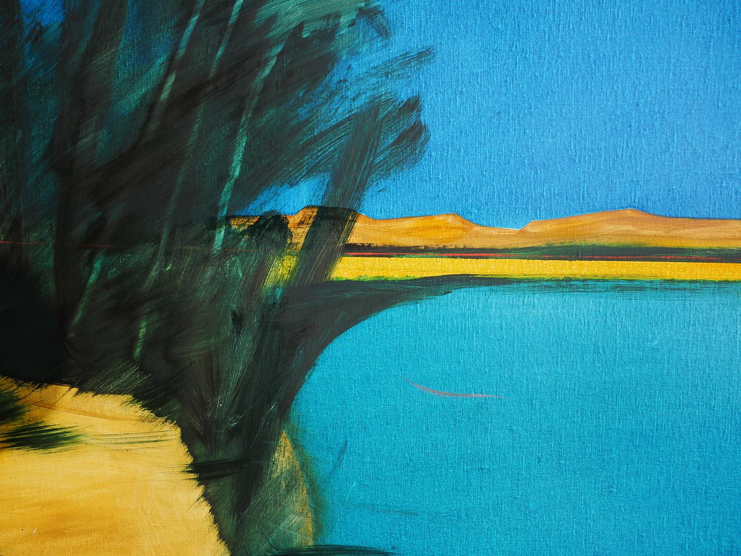 Peinture moderne contemporaine de paysage de plage tropical bleu aux tons bleus 