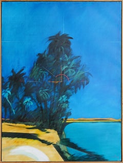 Modernes zeitgenössisches blau getöntes tropisches Strandlandschaftsgemälde „Down South“