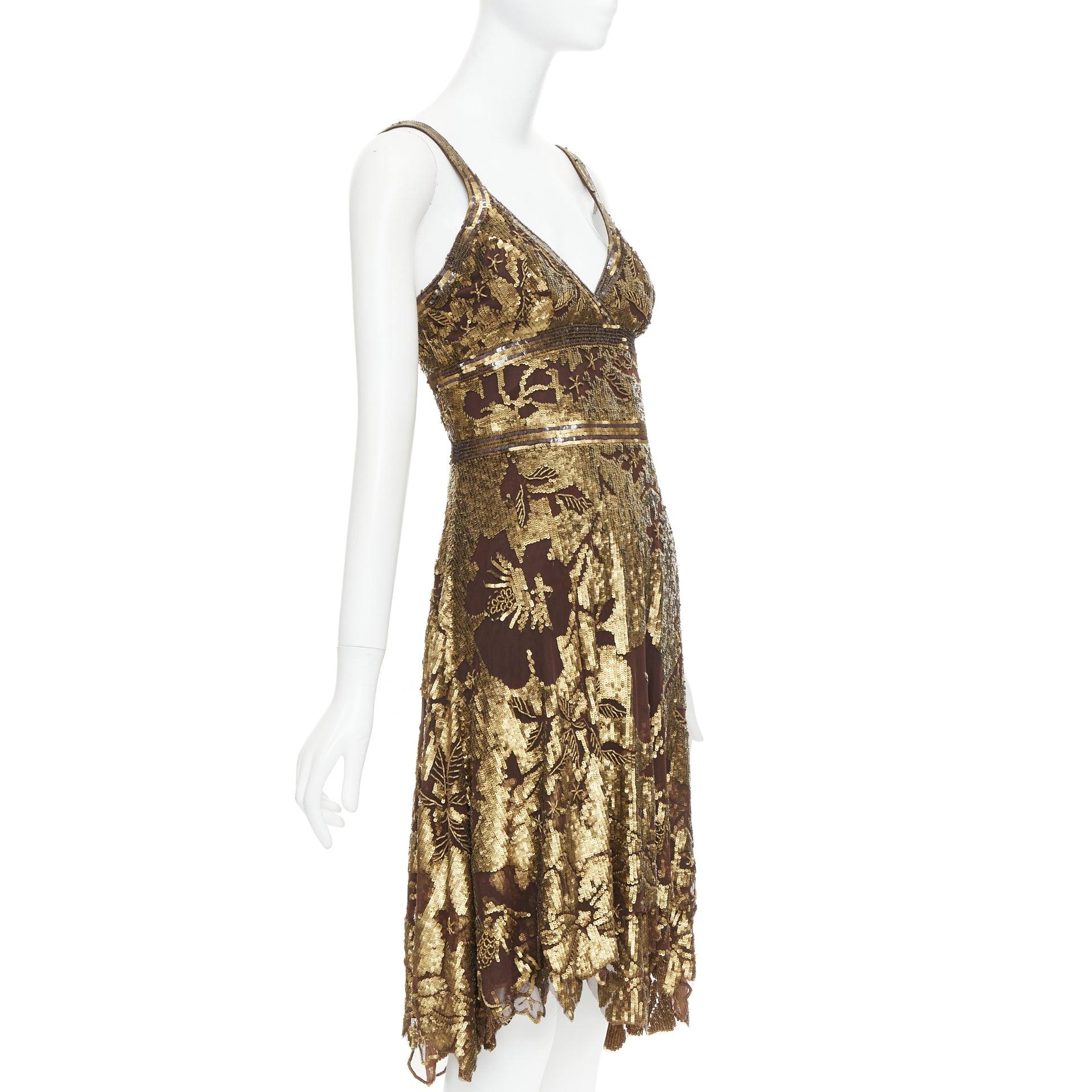 Brown WUNDERKIND bronze gold brown 100% silk floral sequin handkerchief dress US2 S For Sale
