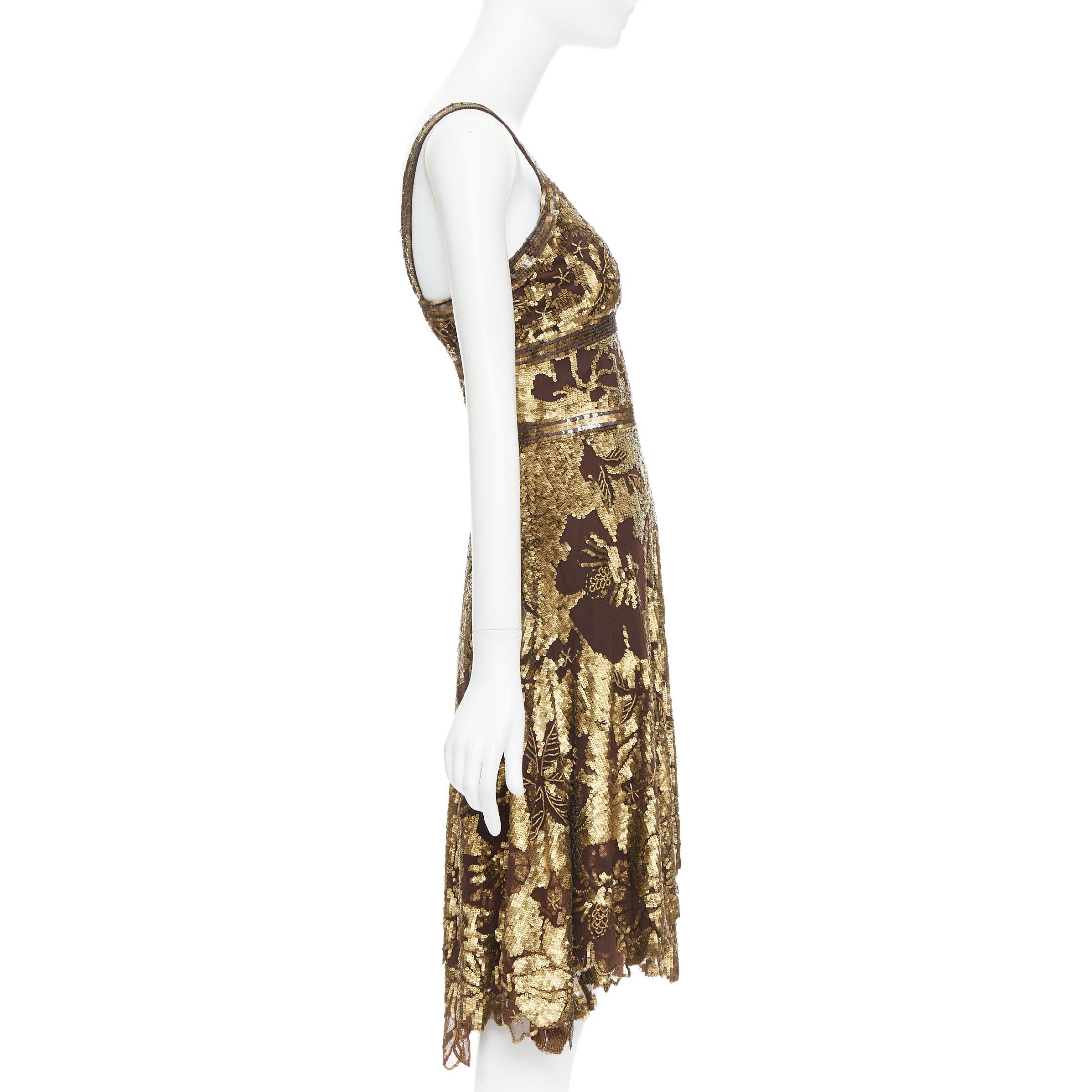 WUNDERKIND bronze gold brown 100% silk floral sequin handkerchief dress US2 S In Good Condition For Sale In Hong Kong, NT