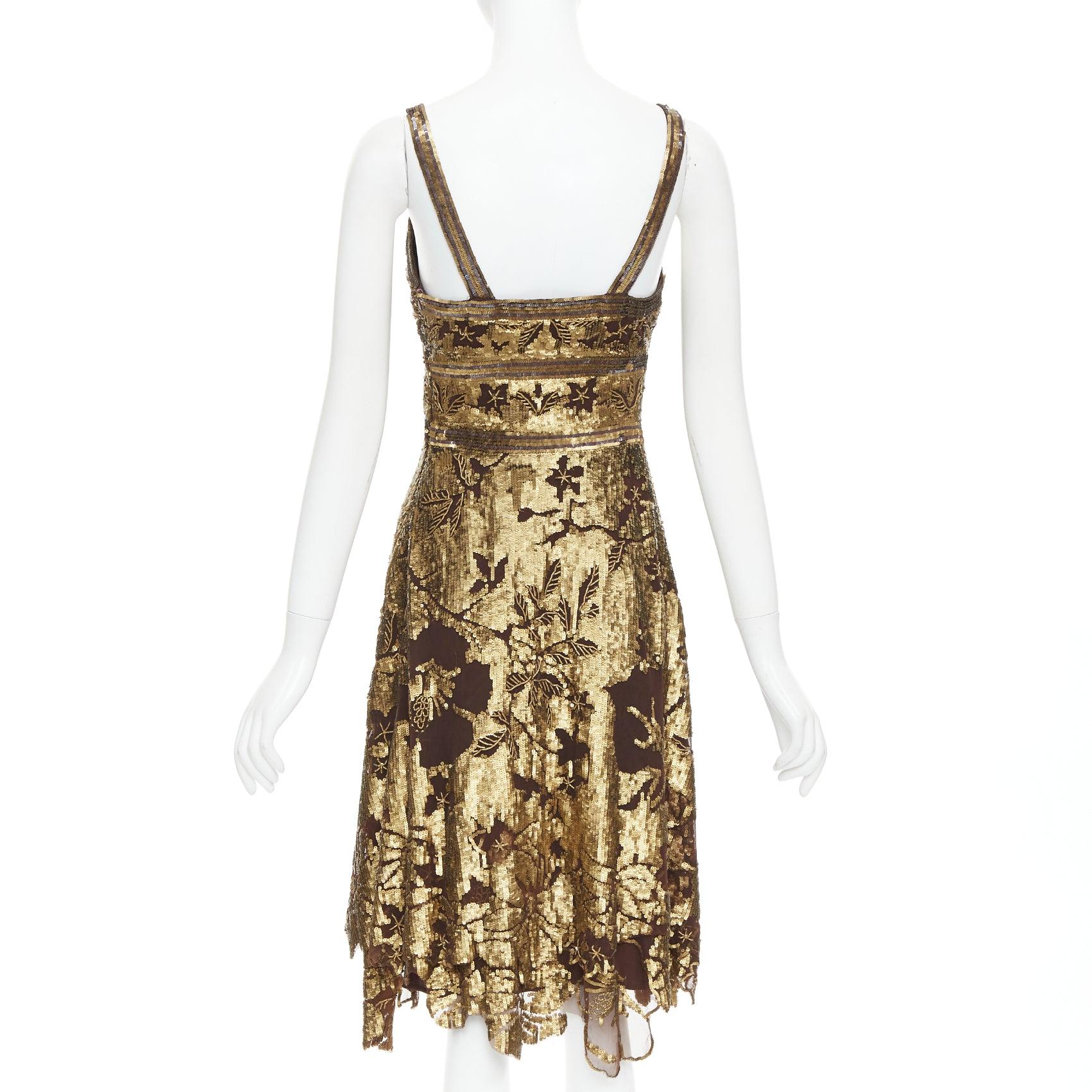 Women's WUNDERKIND bronze gold brown 100% silk floral sequin handkerchief dress US2 S For Sale