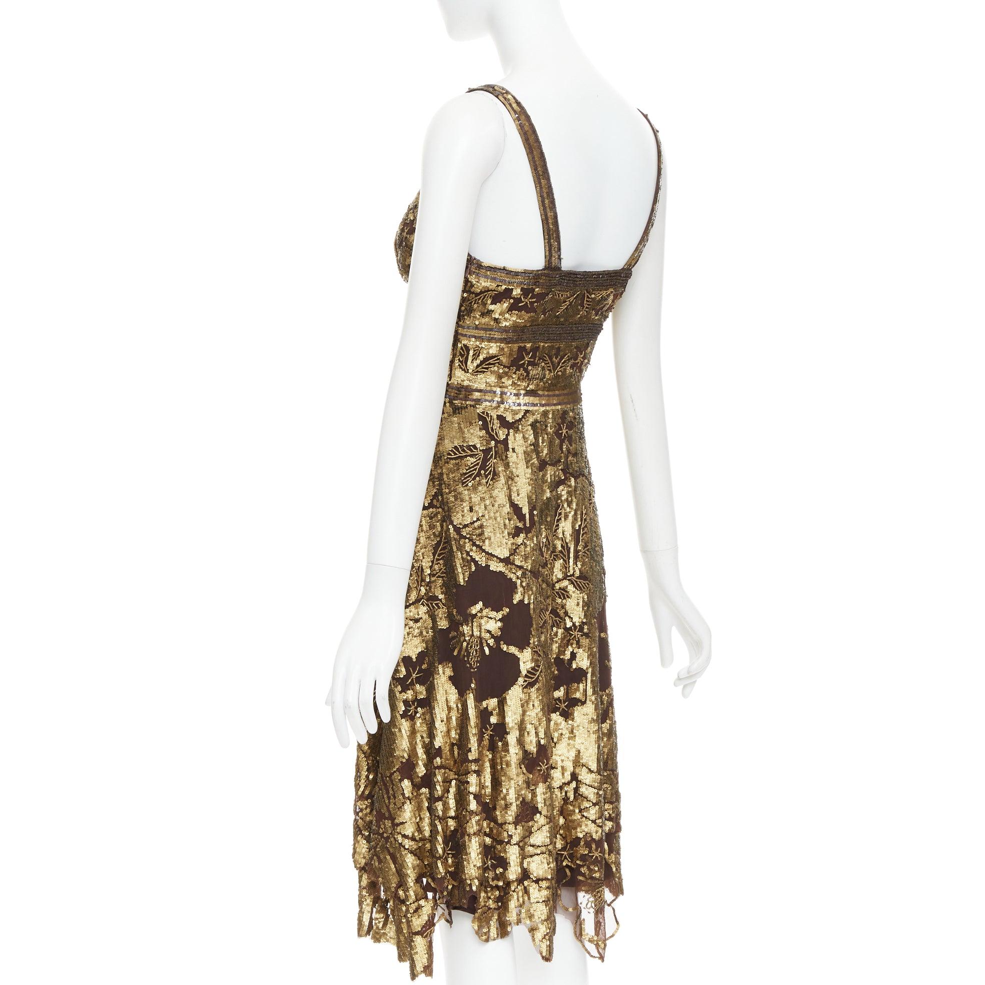 WUNDERKIND bronze gold brown 100% silk floral sequin handkerchief dress US2 S For Sale 1
