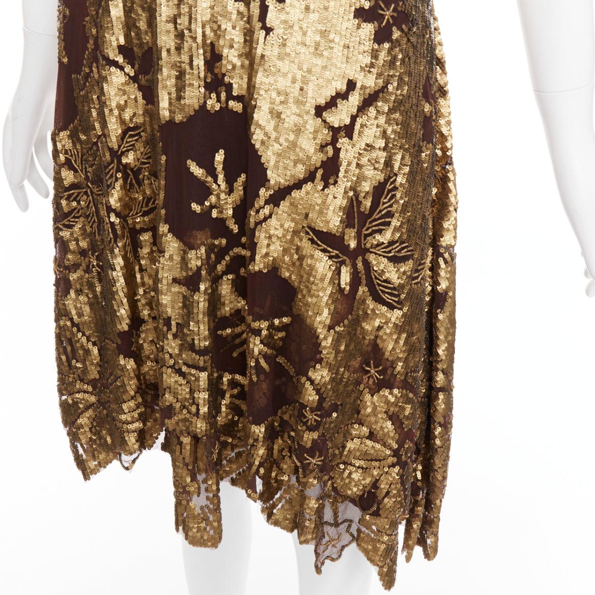 WUNDERKIND bronze gold brown 100% silk floral sequin handkerchief dress US2 S For Sale 2