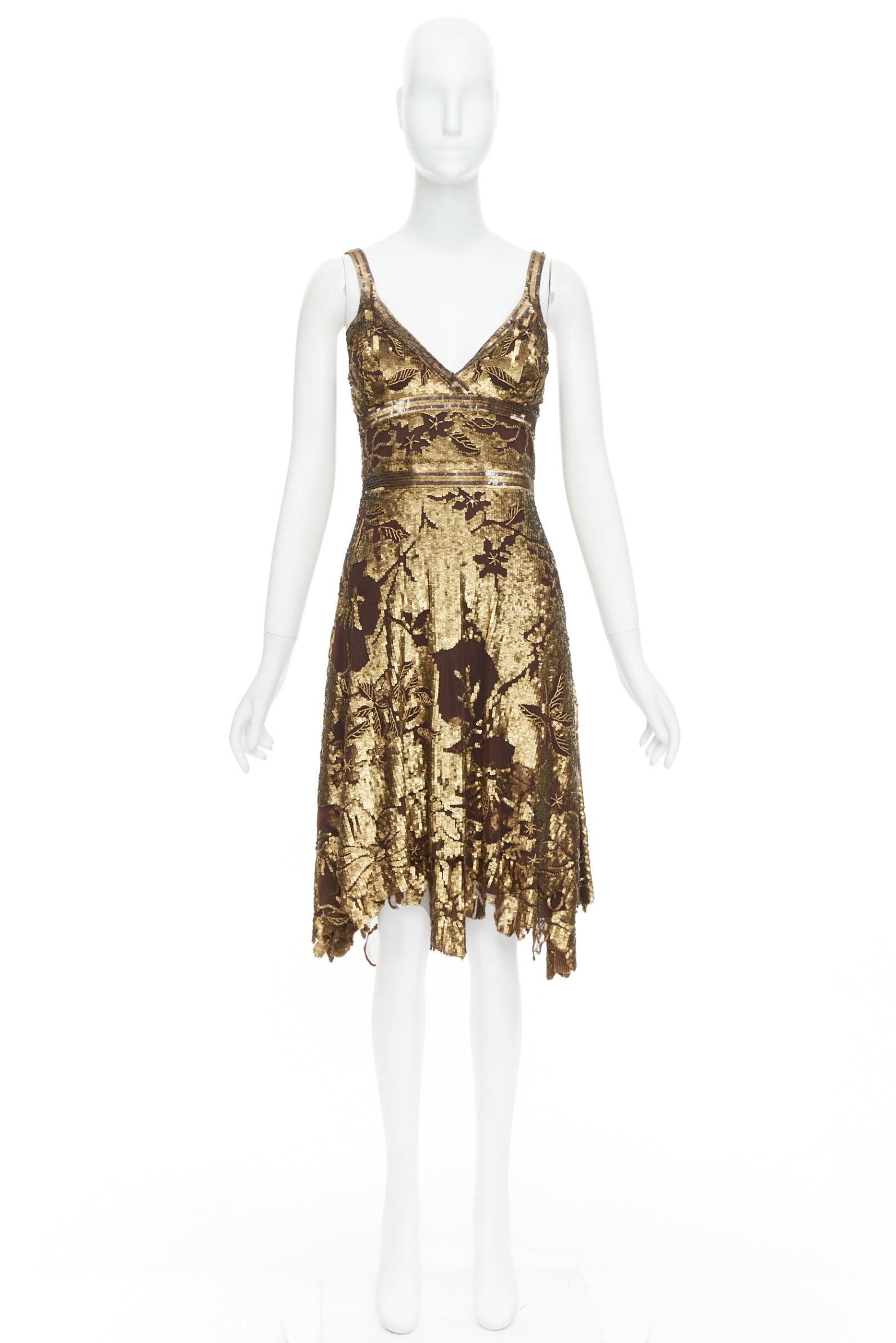 WUNDERKIND bronze gold brown 100% silk floral sequin handkerchief dress US2 S For Sale 4