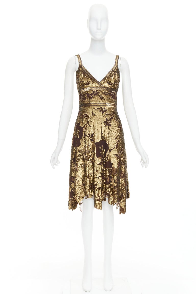Wunderkind Bronze Gold Brown 100% Silk Floral Sequin Handkerchief Dress Us2 S Wunderkind Bronze Gold Brown 100% Silk Floral Sequin Handkerchief Dress Us2 S