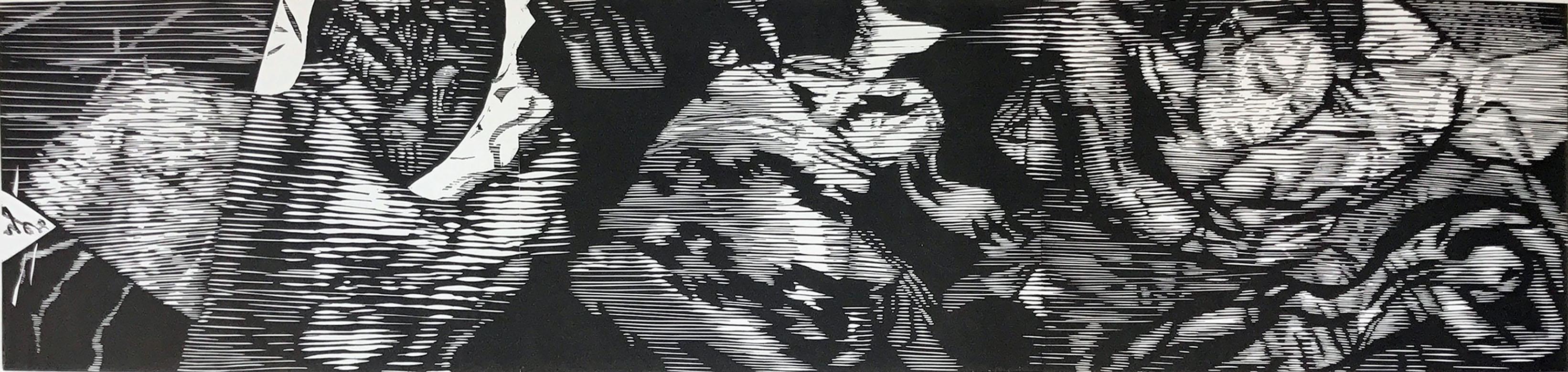 This is from a series of linocuts made with a single horizontal line. The resulting mesh of black and white creates a shimmering effect that both defines and blurs the image. Objects appear and disappear from view. Signed artist proof from the