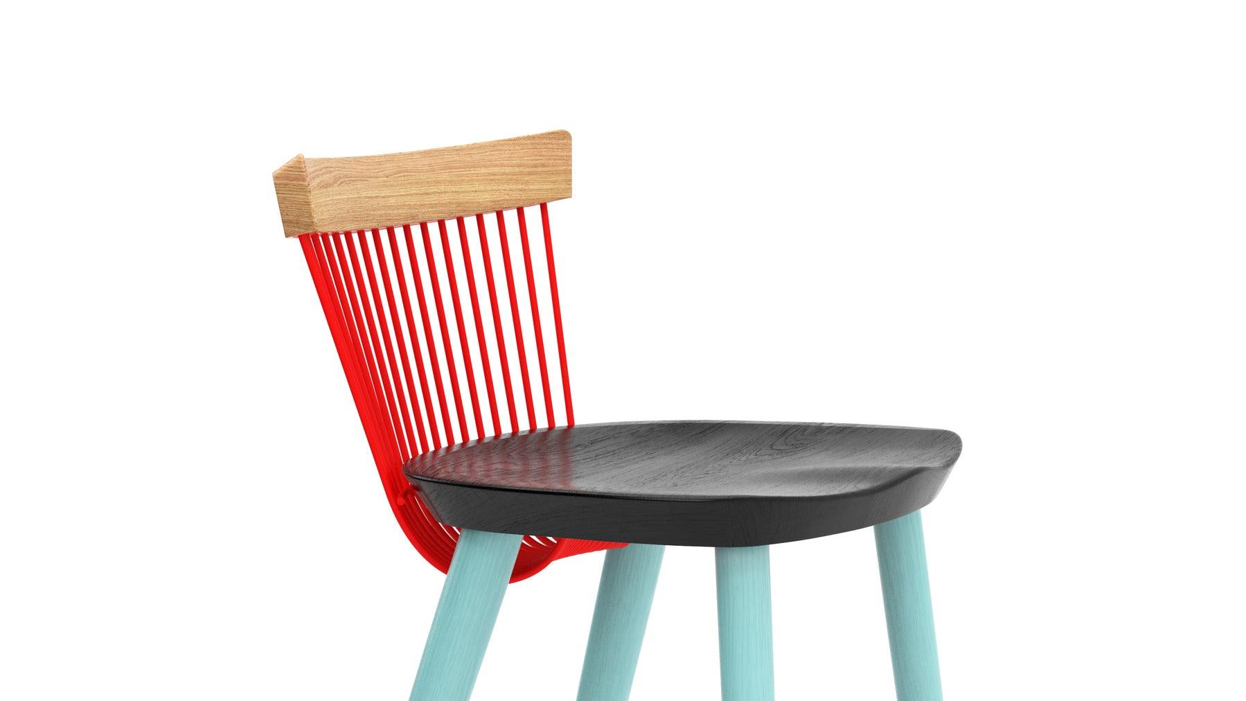 Based on a modern Windsor design, the WW bar stool, where the first 'W' stands for Windsor and the second for Wire is an iconic piece of furniture. Produced from solid oak with the unique 'wire' backrest formed from mild steel rods which are