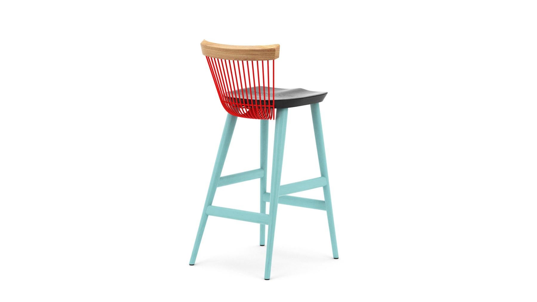 Modern WW Bar Stool CS3, Stained Oak & Powder Coated Metal Rods For Sale