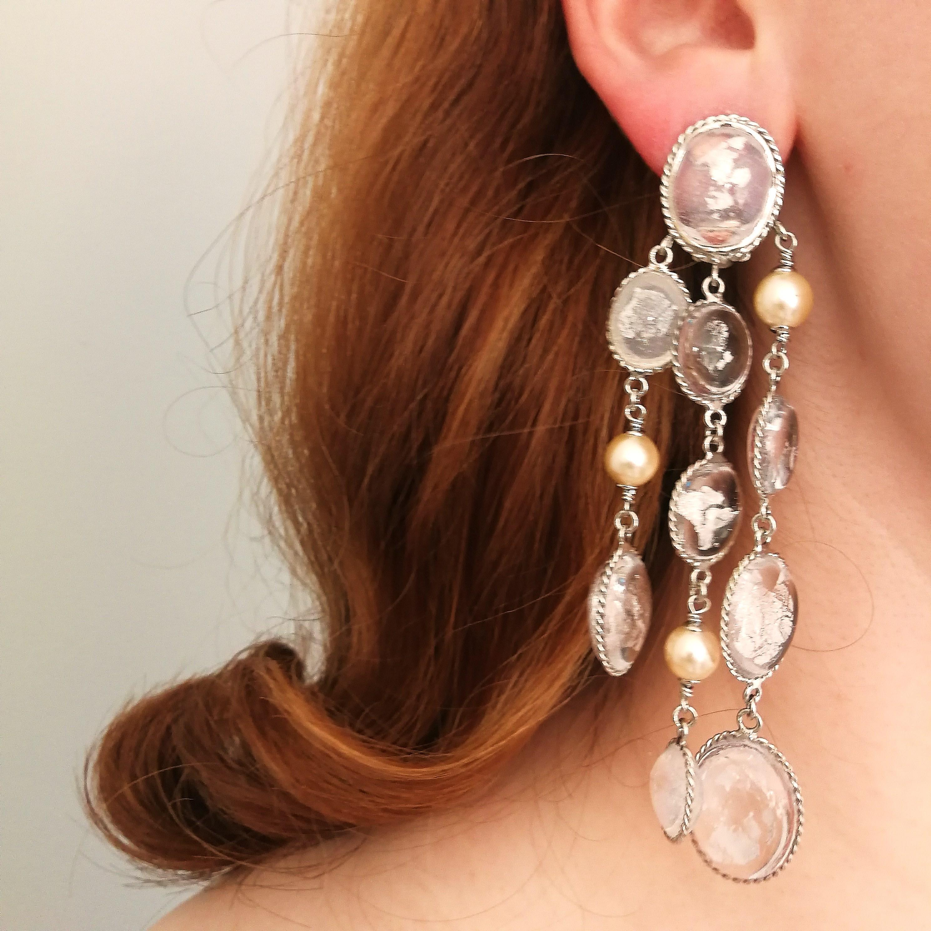 Women's Clear poured glass and silver leaf multi strand drop earrings, WW Collection. For Sale