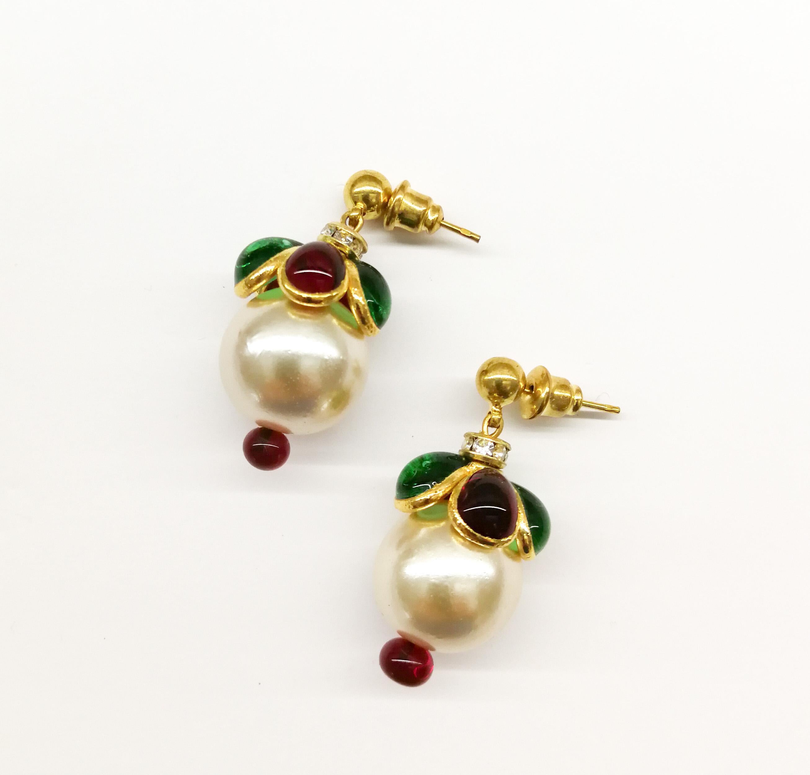 Delicate and delightful drop gilt earrings, with a cream lustre pearl, capped in ruby and emerald poured glass petals, with a ruby poured glass bead underneath the pearl to highlight and finish off. Light and easy to wear, perfect for a wedding