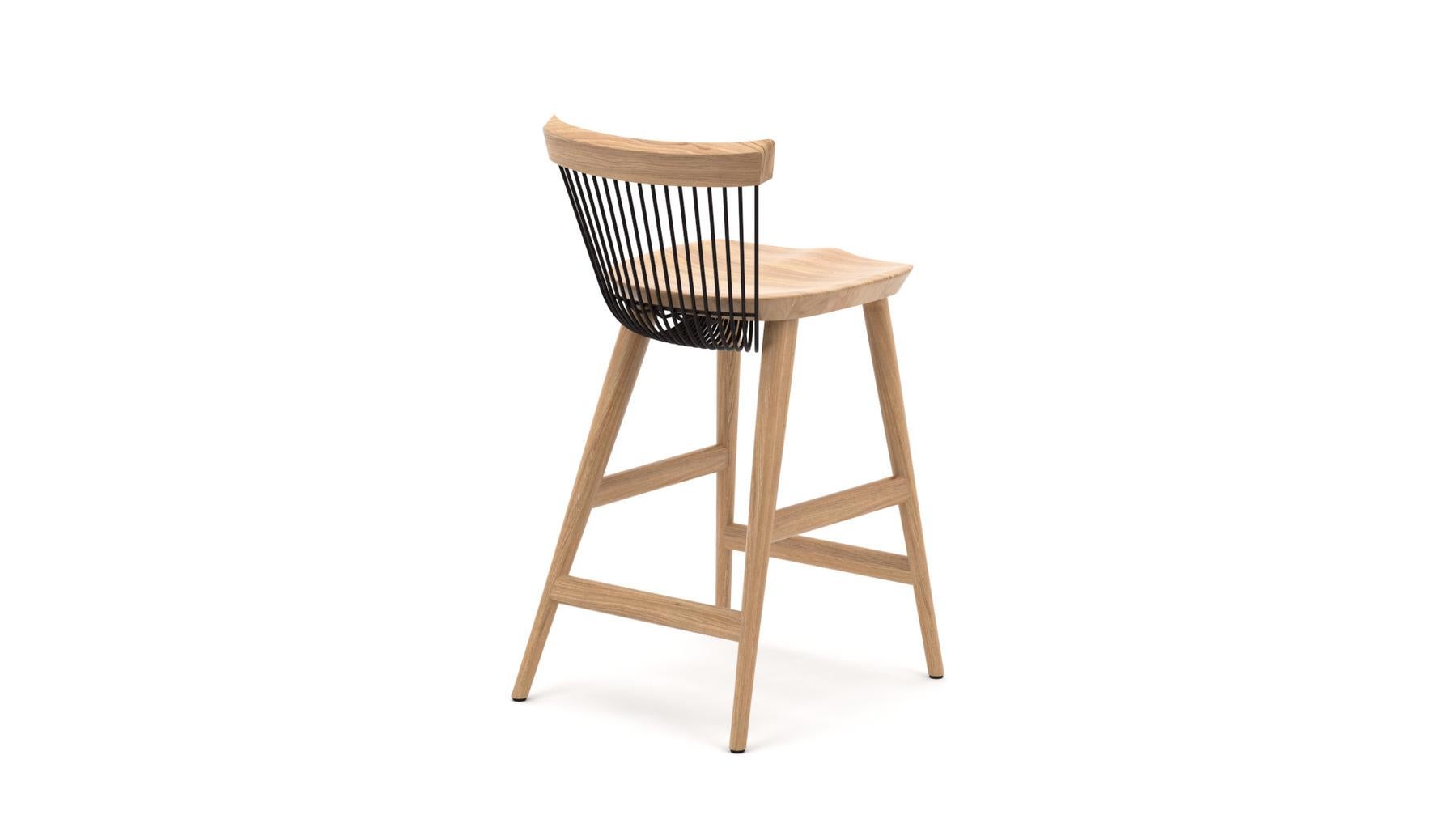 Based on a modern Windsor design, the WW counter stool, where the first 'W' stands for Windsor and the second for Wire is an iconic piece of furniture. Produced from solid oak with the unique 'wire' backrest formed from mild steel rods which are