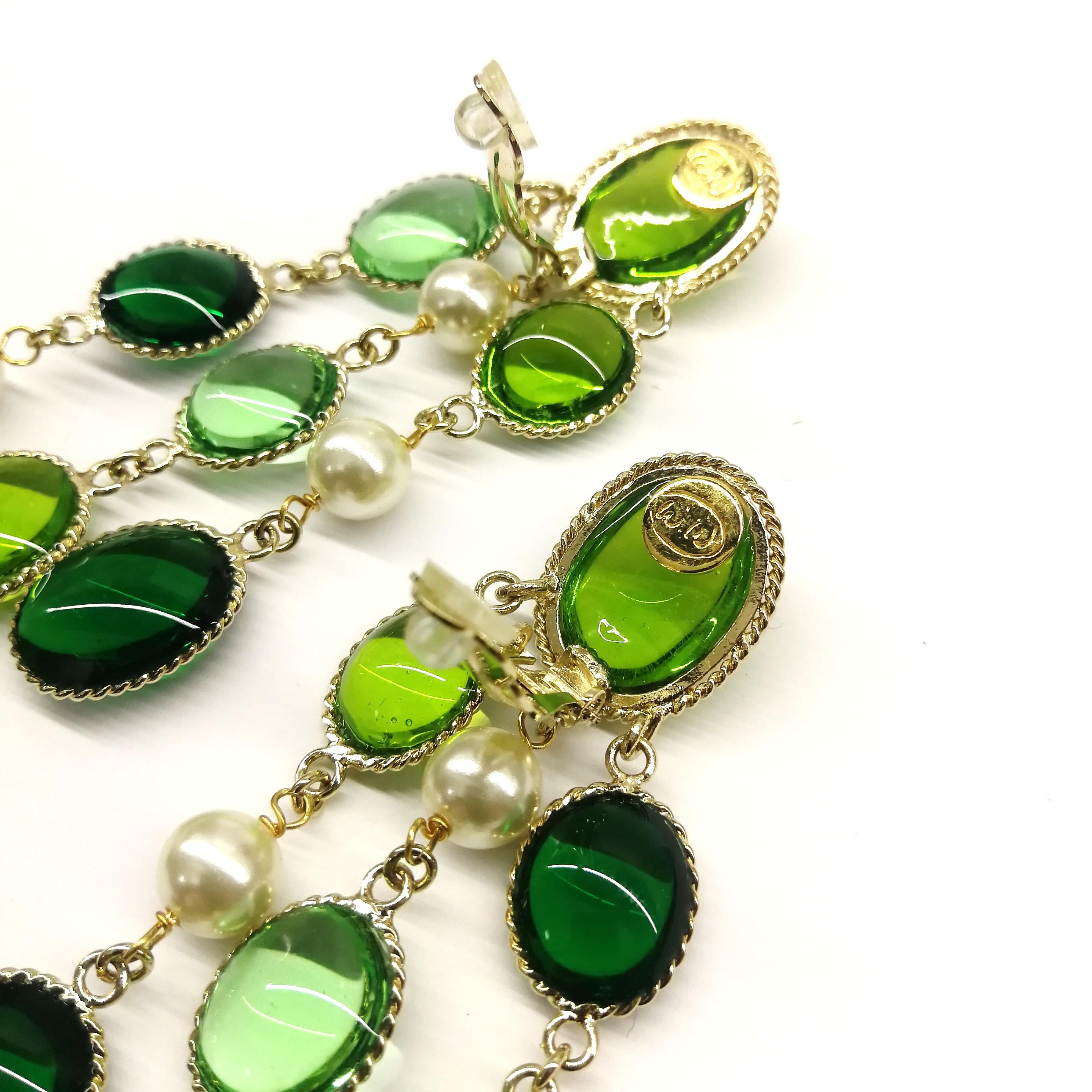 Women's 'WW' emerald and peridot poured glass, pearl 'Harlequin' drop earrings, 2018 For Sale