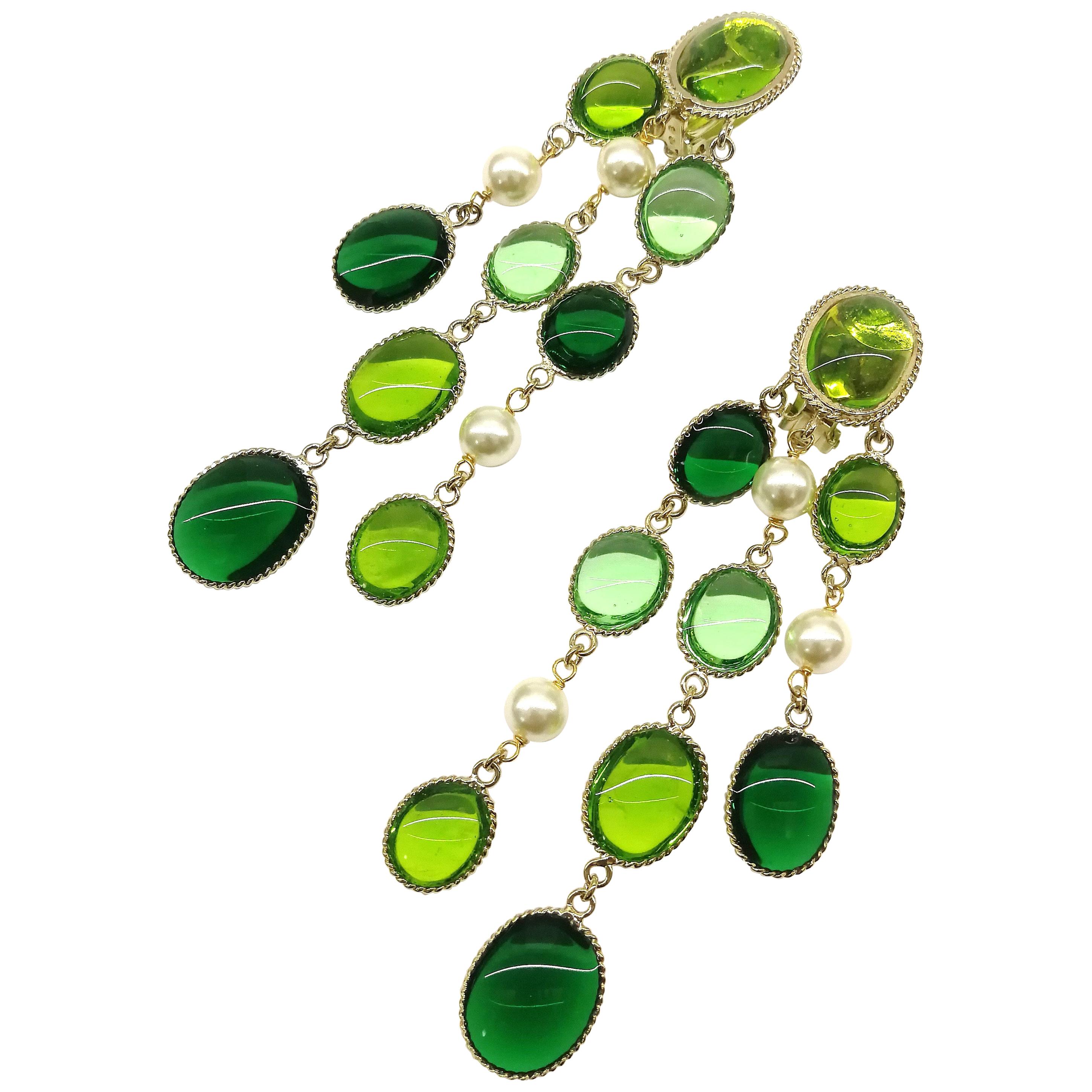 'WW' emerald and peridot poured glass, pearl 'Harlequin' drop earrings, 2018 For Sale