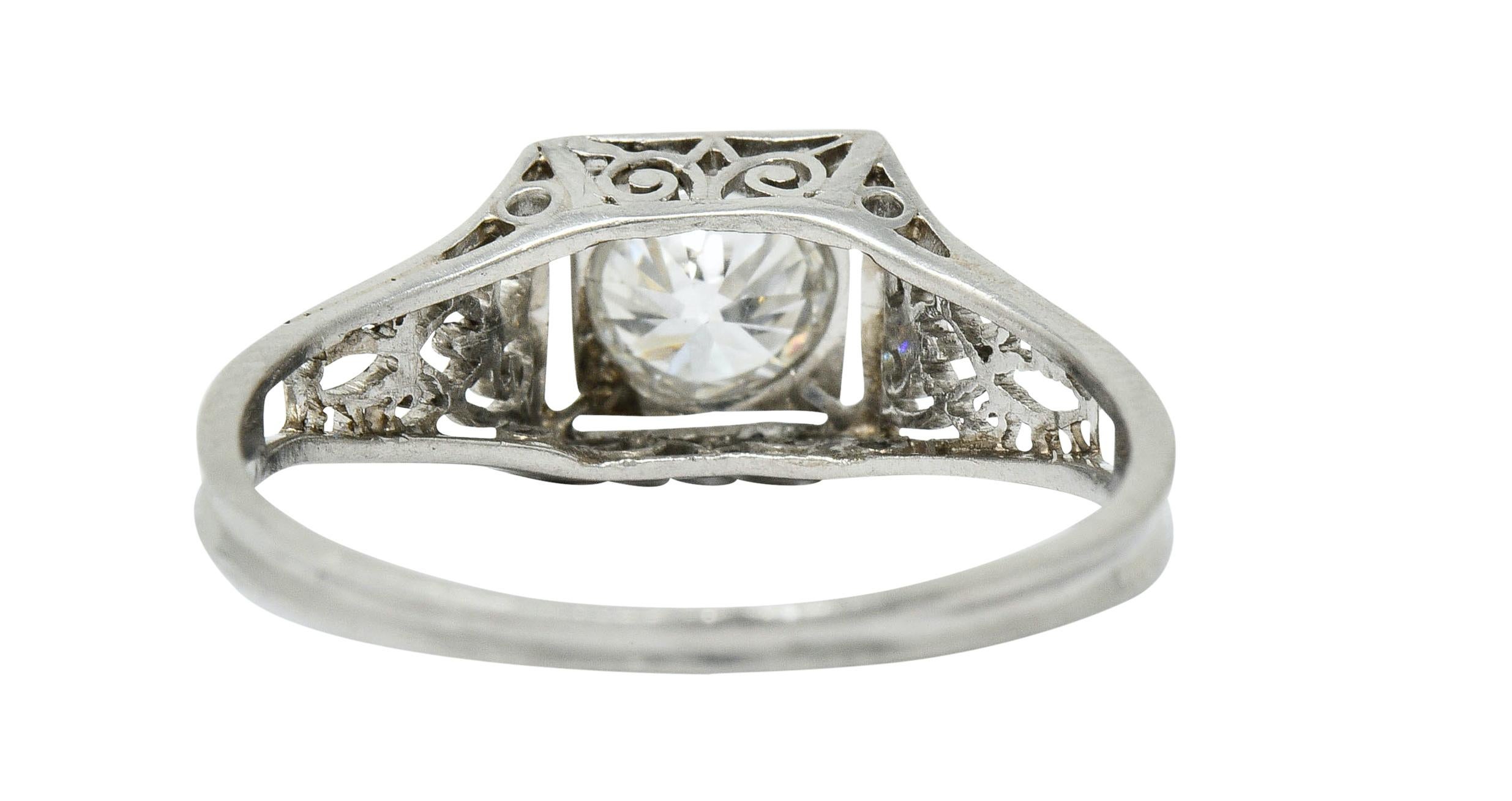 Old European Cut W.W. Fulmer & Co. 0.46 Carat Diamond Platinum Scrolled Heart Engagement Ring For Sale