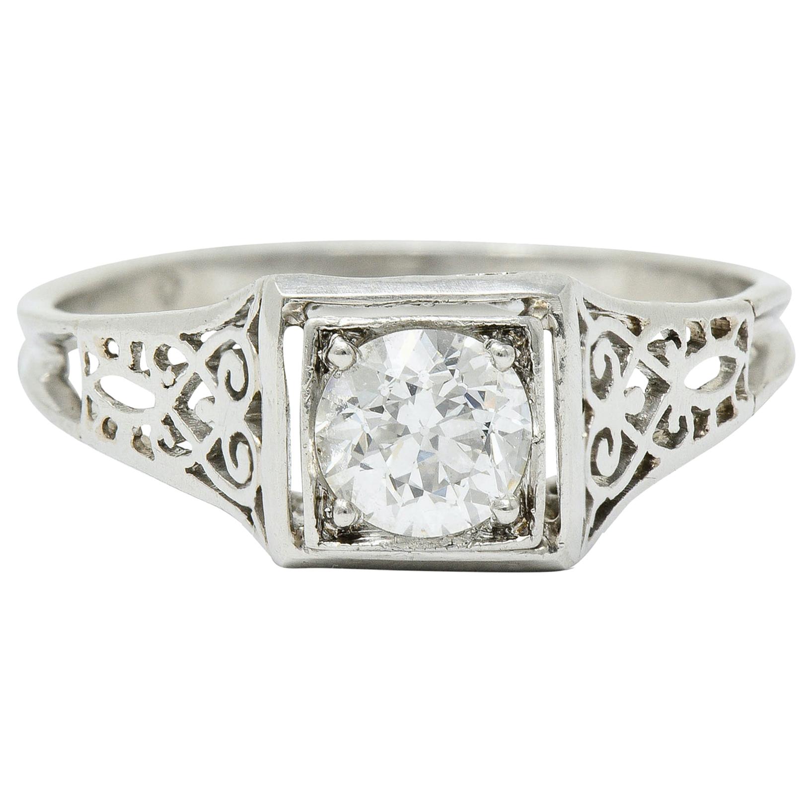 W.W. Fulmer & Co. 0.46 Carat Diamond Platinum Scrolled Heart Engagement Ring For Sale