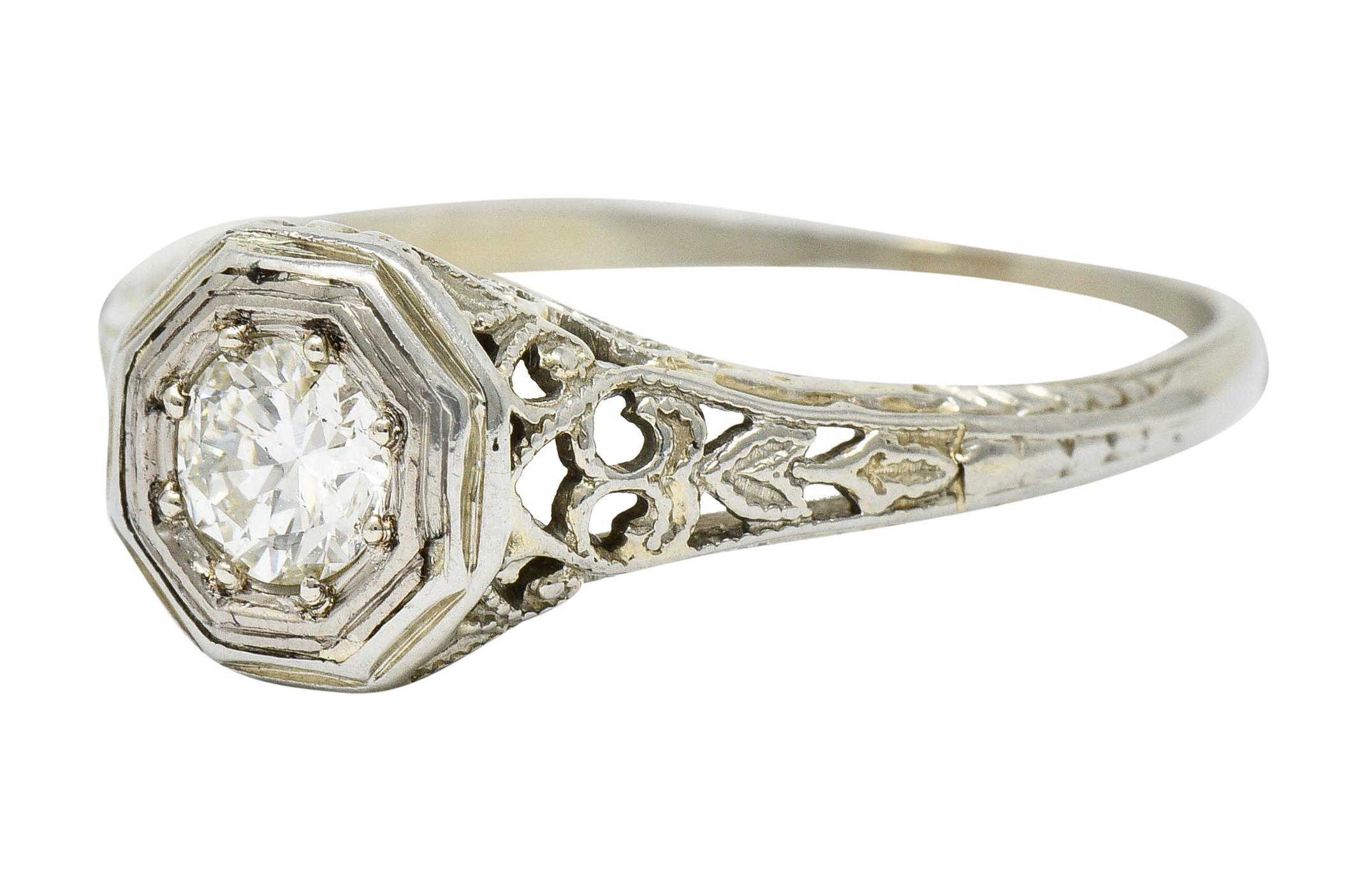 Women's or Men's W.W. Fulmer & Co. Diamond 18 Karat White Gold Octagonal Engagement Ring