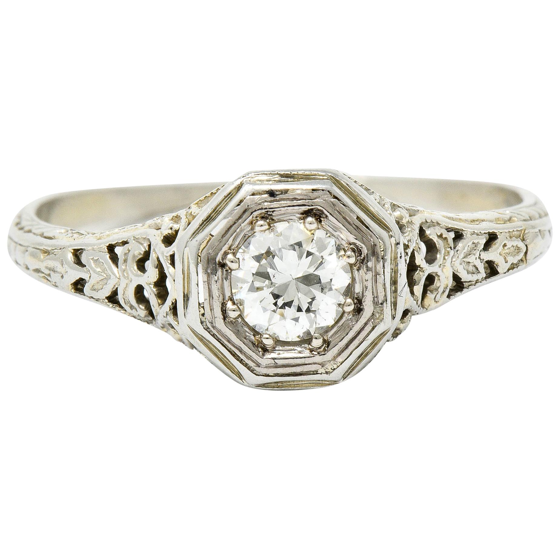 W.W. Fulmer & Co. Diamond 18 Karat White Gold Octagonal Engagement Ring
