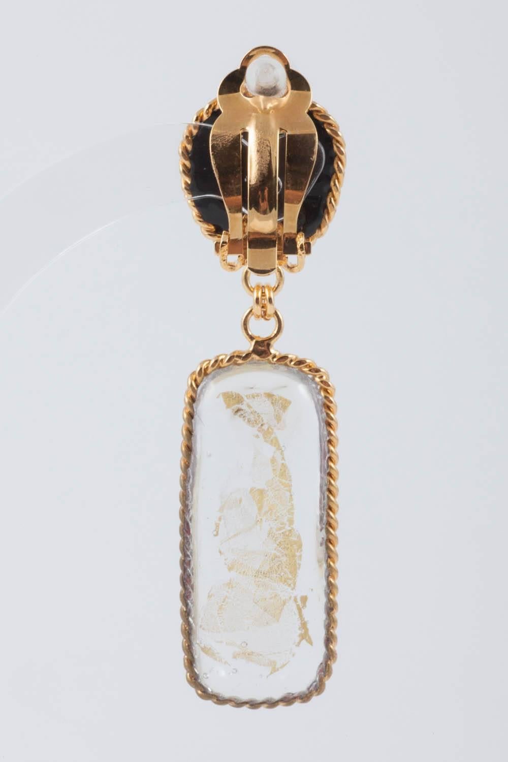 Women's 'WW' gold leaf, poured glass drop earrings, 2017.