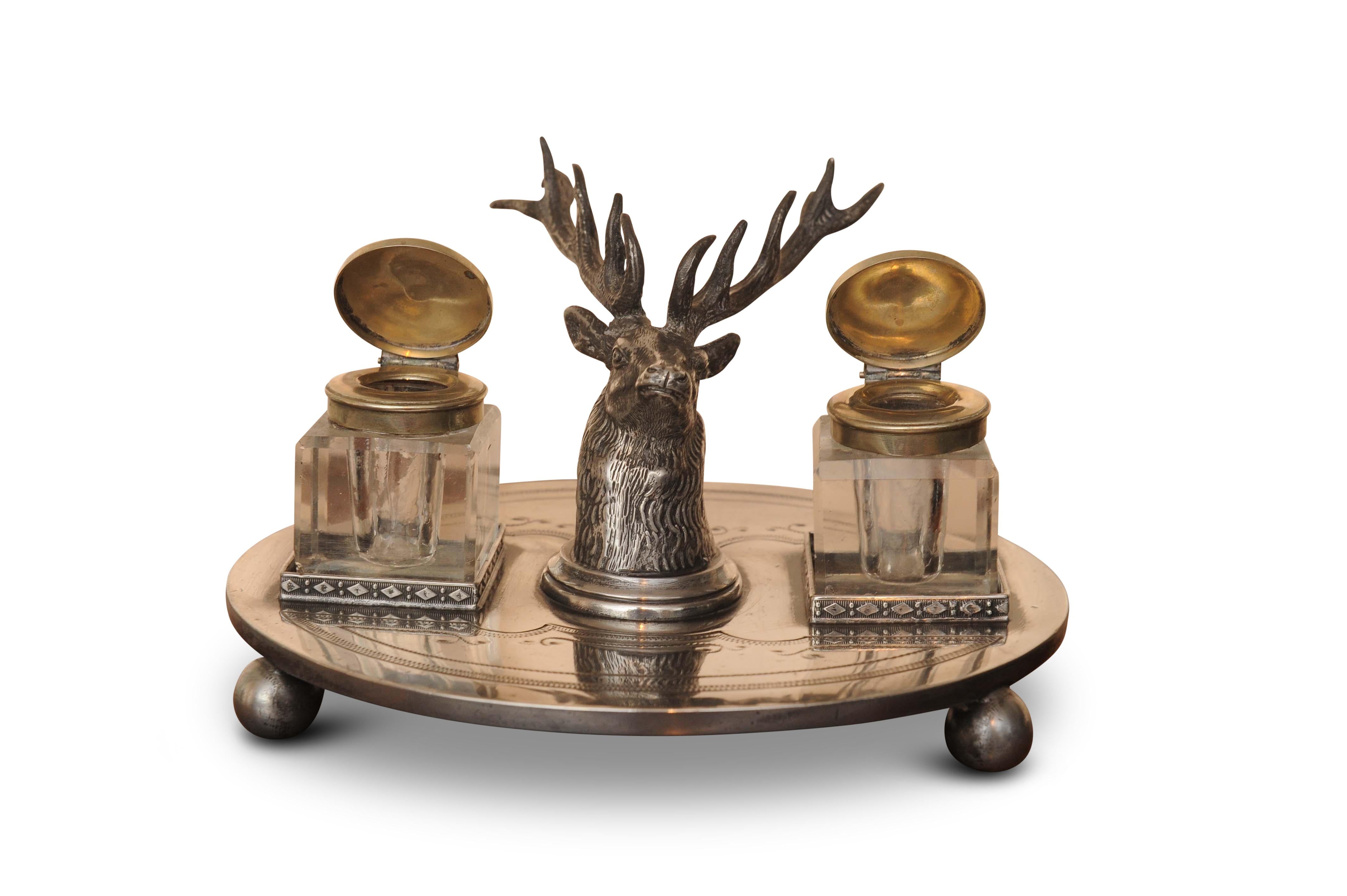 Hand-Crafted WW Harrison & Co Ep Victorian Desktop Ink Stand Art Nouveau Style with Stag Head For Sale