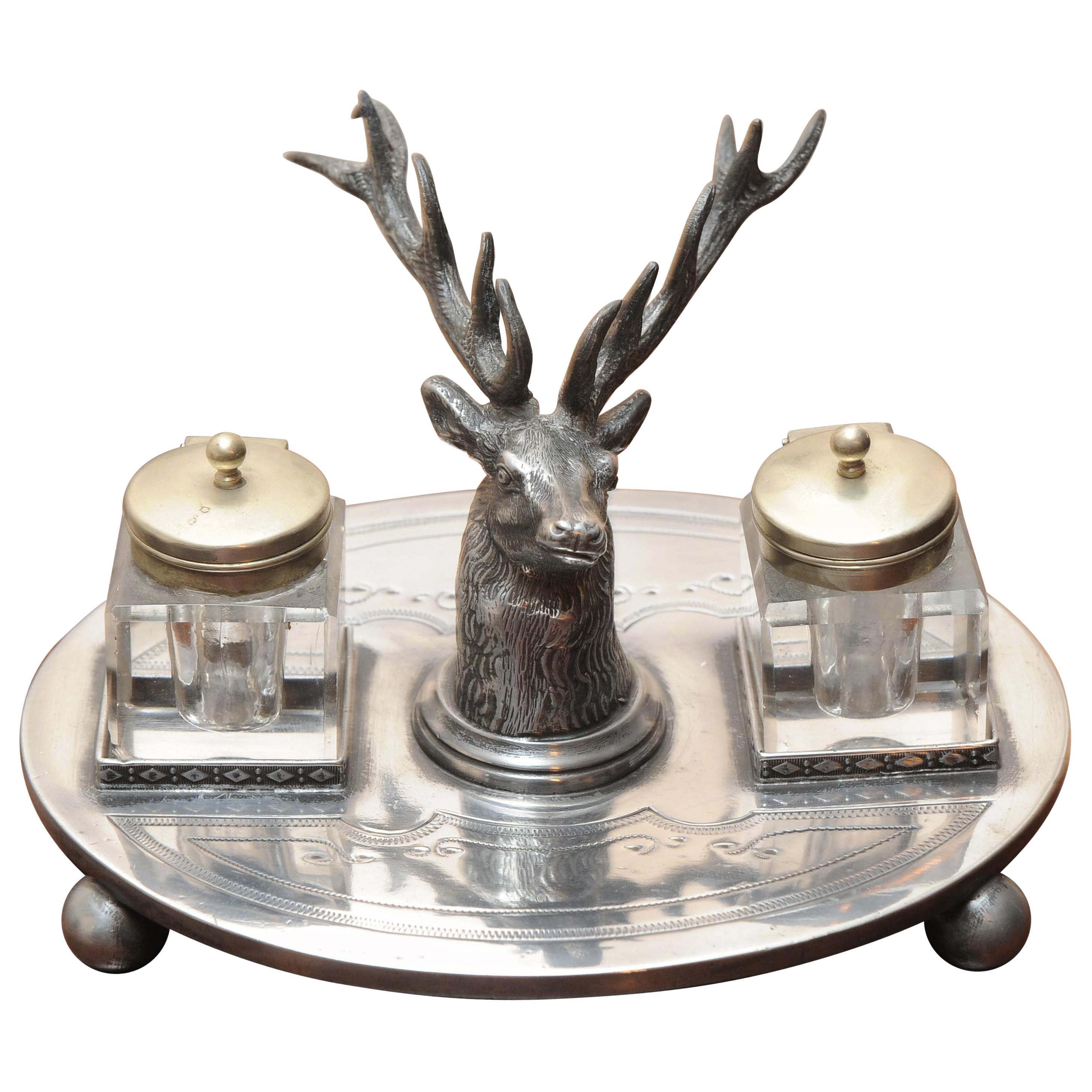 WW Harrison & Co Ep Victorian Desktop Ink Stand Art Nouveau Style with Stag Head For Sale
