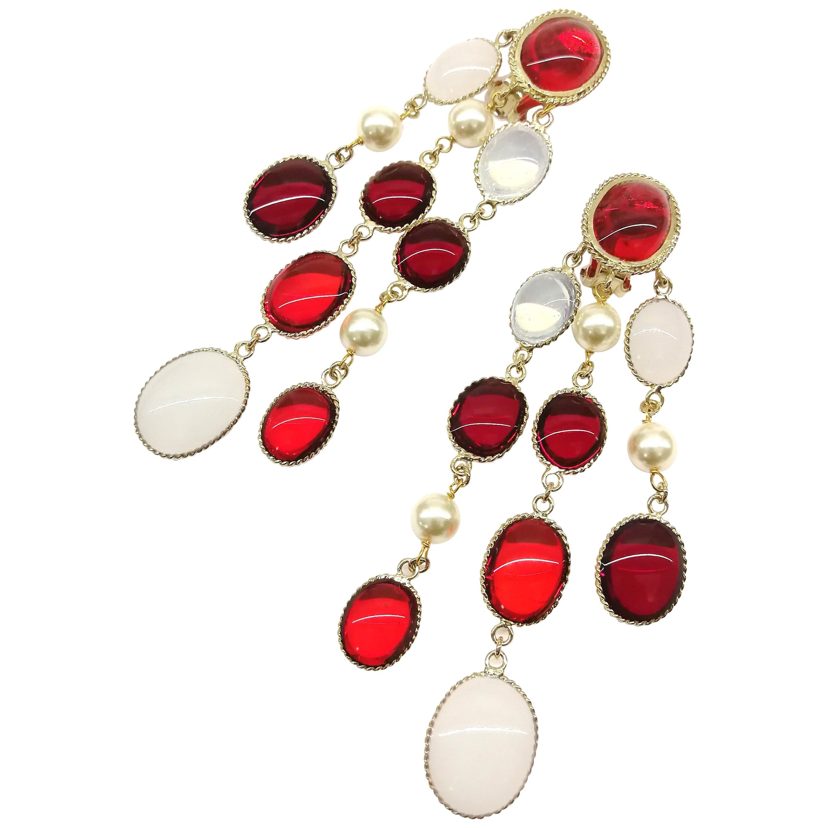 'WW' mixed ruby and opaline poured glass, 'Harlequin' drop earrings, 2018.