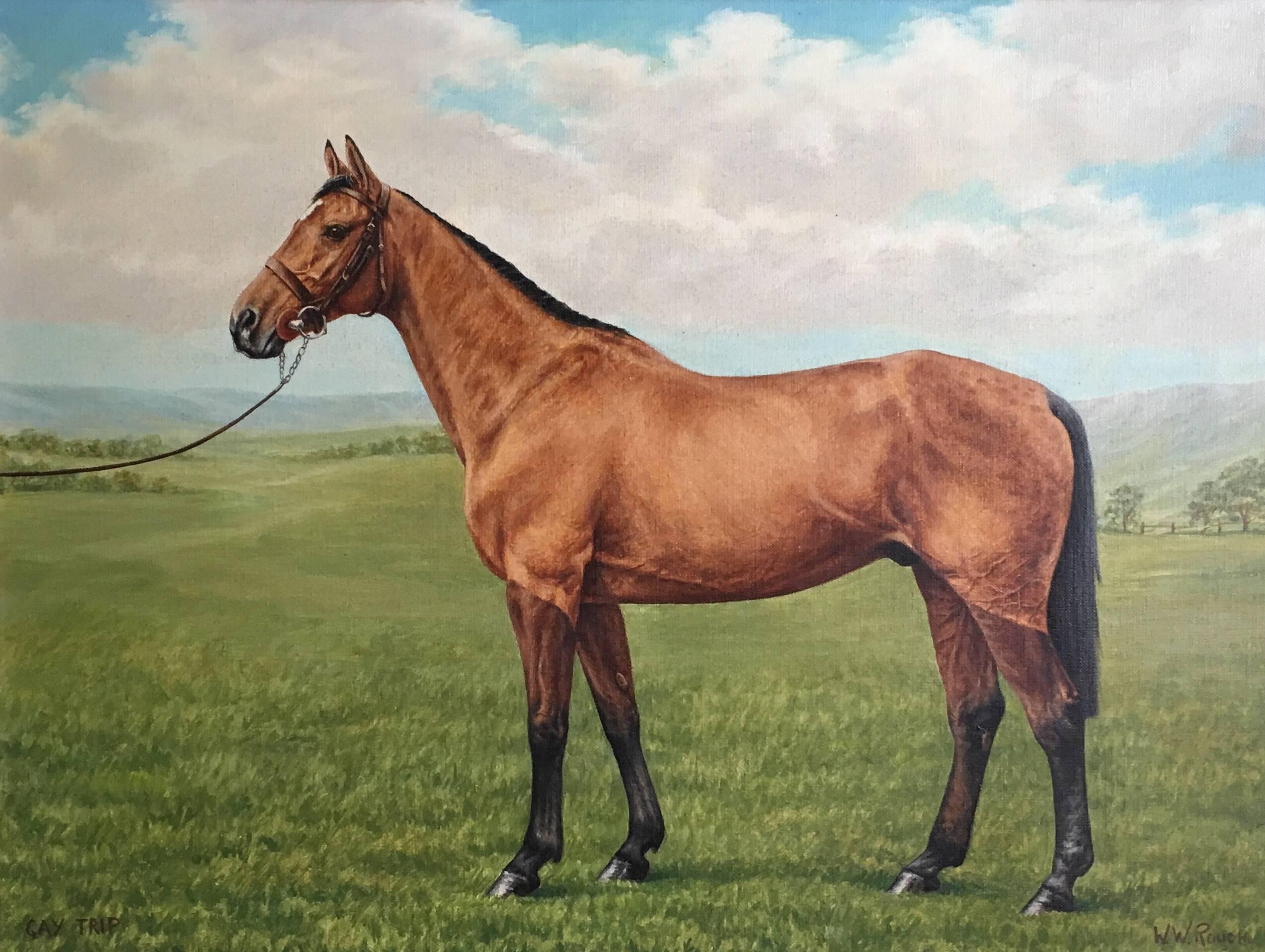 W.W. Rouch Animal Painting - Portrait of a Thoroughbred Horse, Gay Trip, Equestrian Oil Painting 
