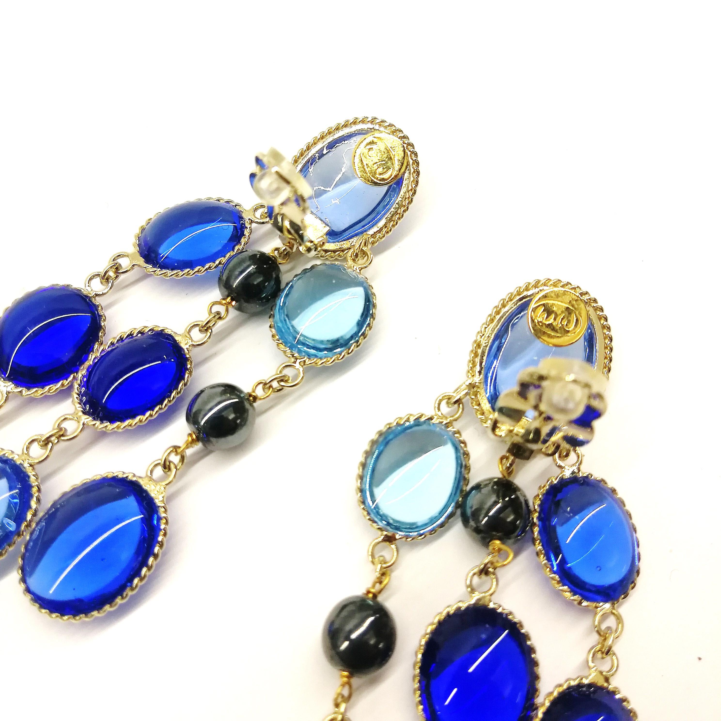 'WW; sapphire, light sapphire poured glass, and pearl 3 row drop earrings, 2018 For Sale 4