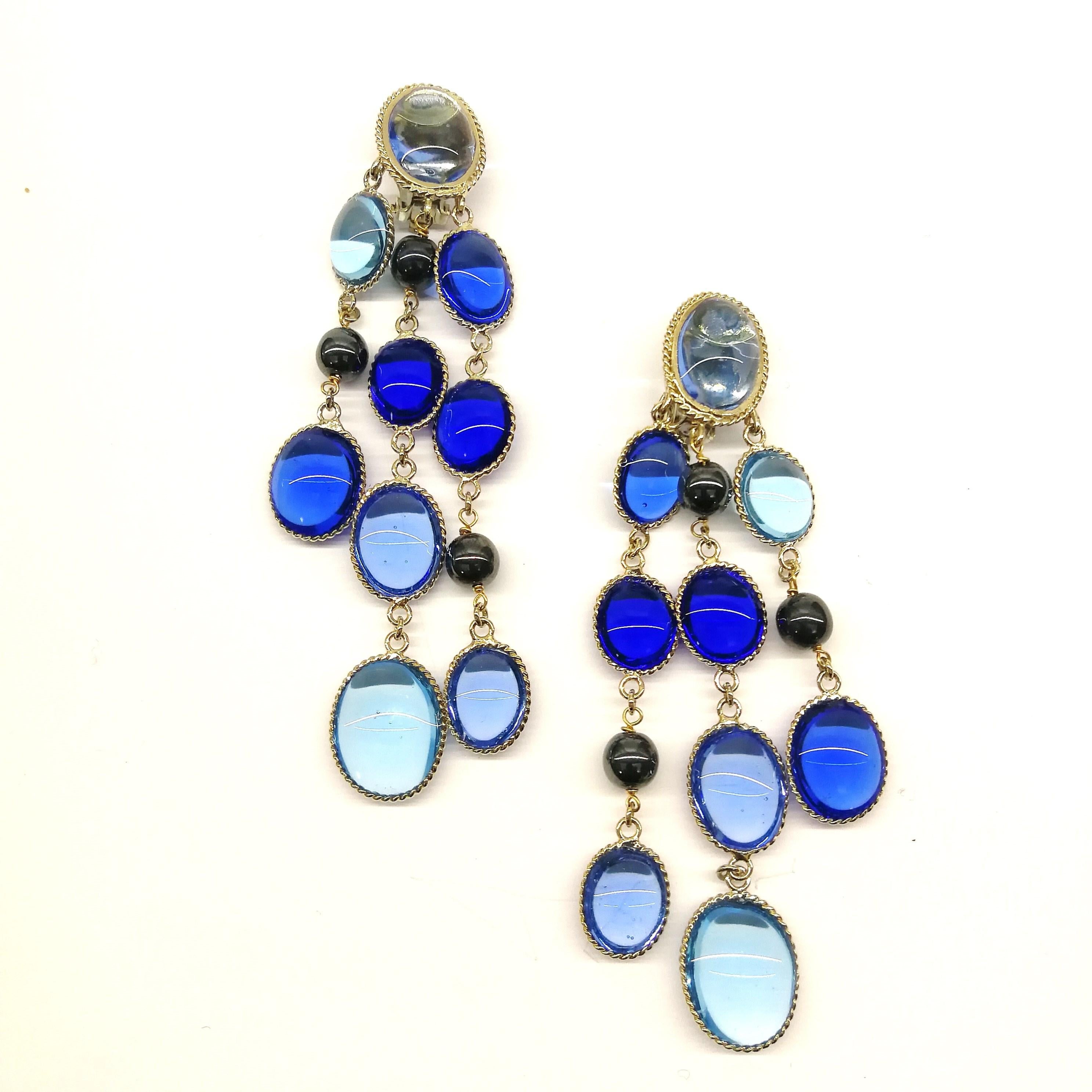 'WW; sapphire, light sapphire poured glass, and pearl 3 row drop earrings, 2018 For Sale 7