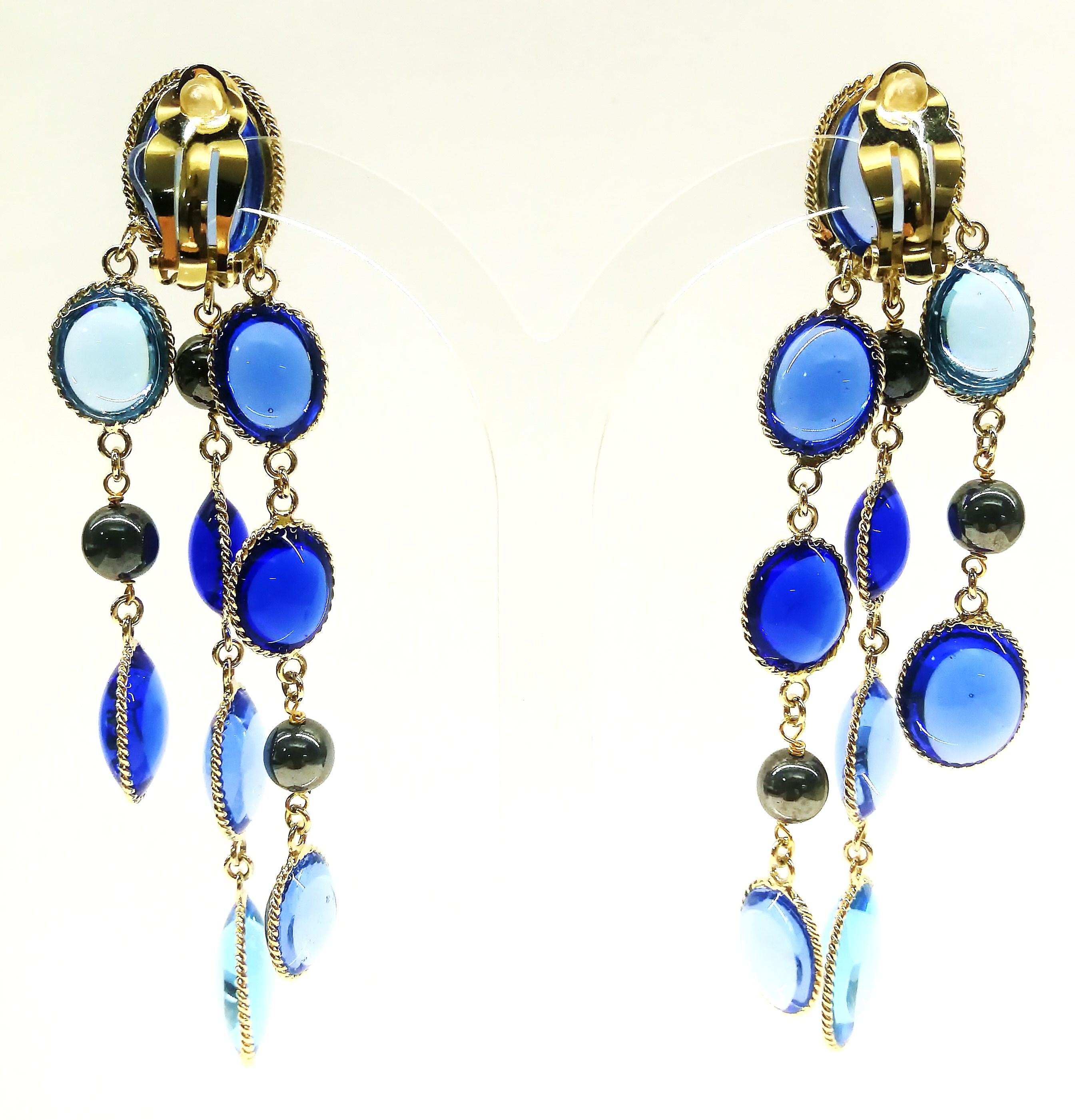 'WW; sapphire, light sapphire poured glass, and pearl 3 row drop earrings, 2018 In New Condition For Sale In Greyabbey, County Down
