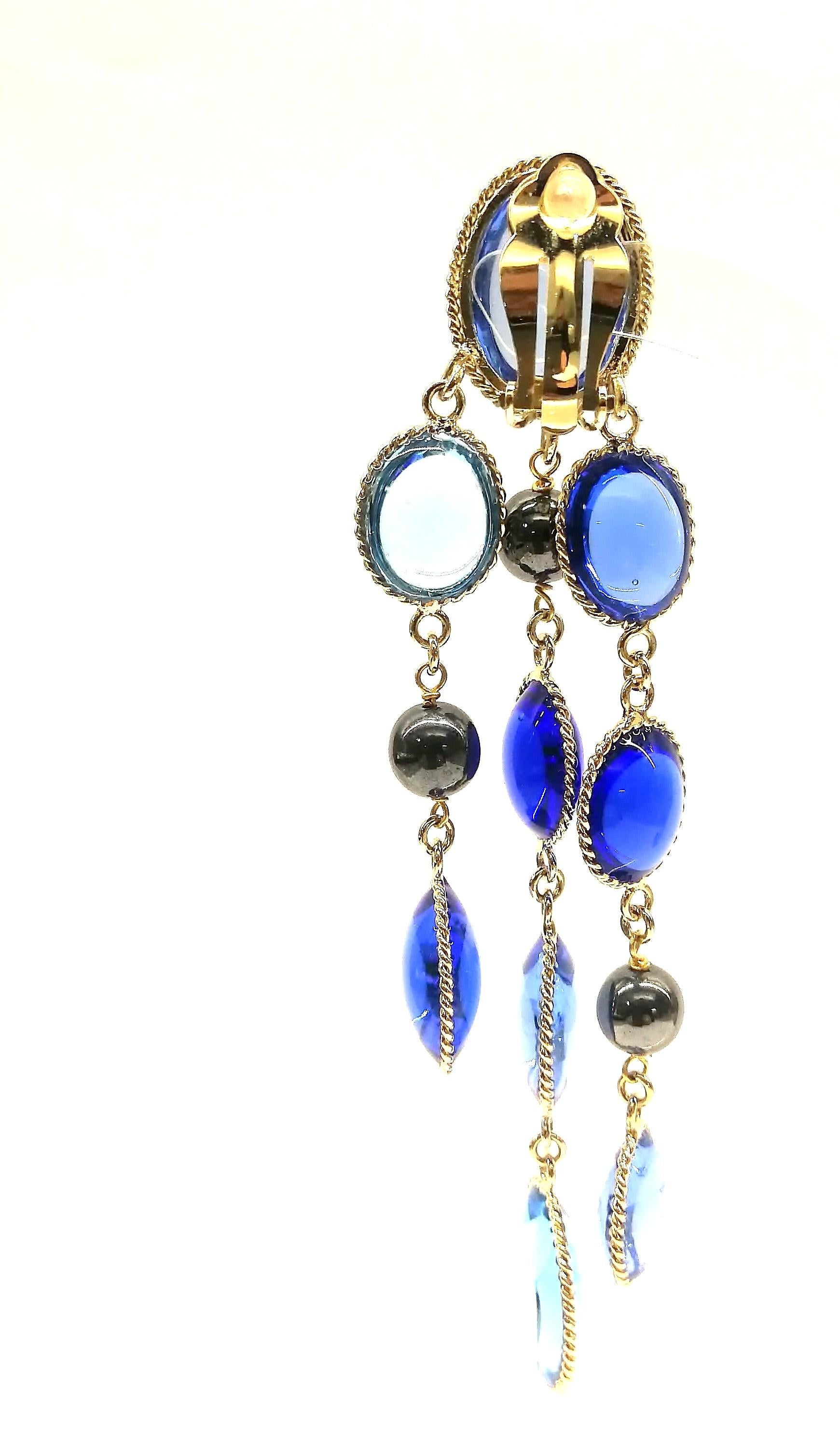'WW; sapphire, light sapphire poured glass, and pearl 3 row drop earrings, 2018 For Sale 1