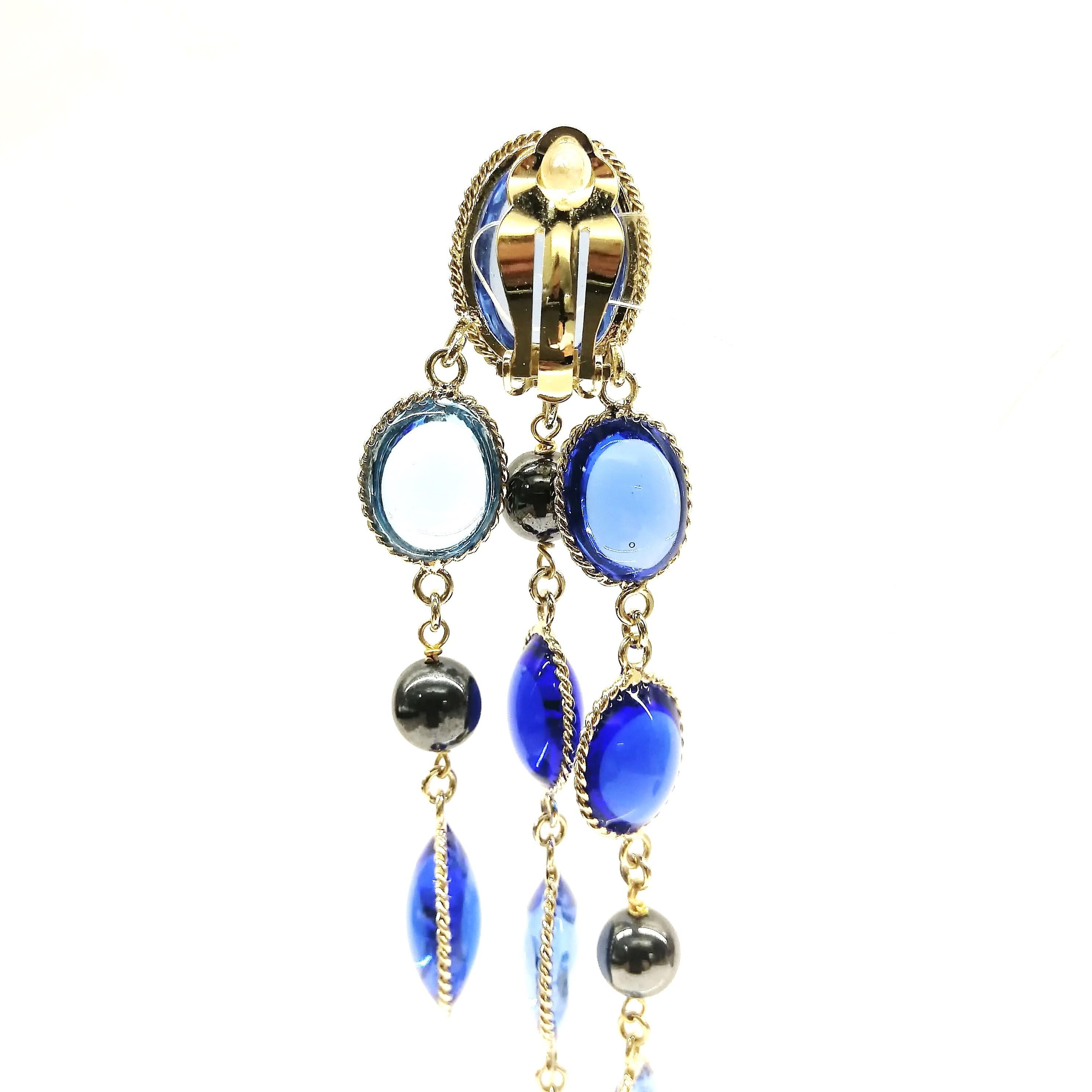'WW; sapphire, light sapphire poured glass, and pearl 3 row drop earrings, 2018 For Sale 2