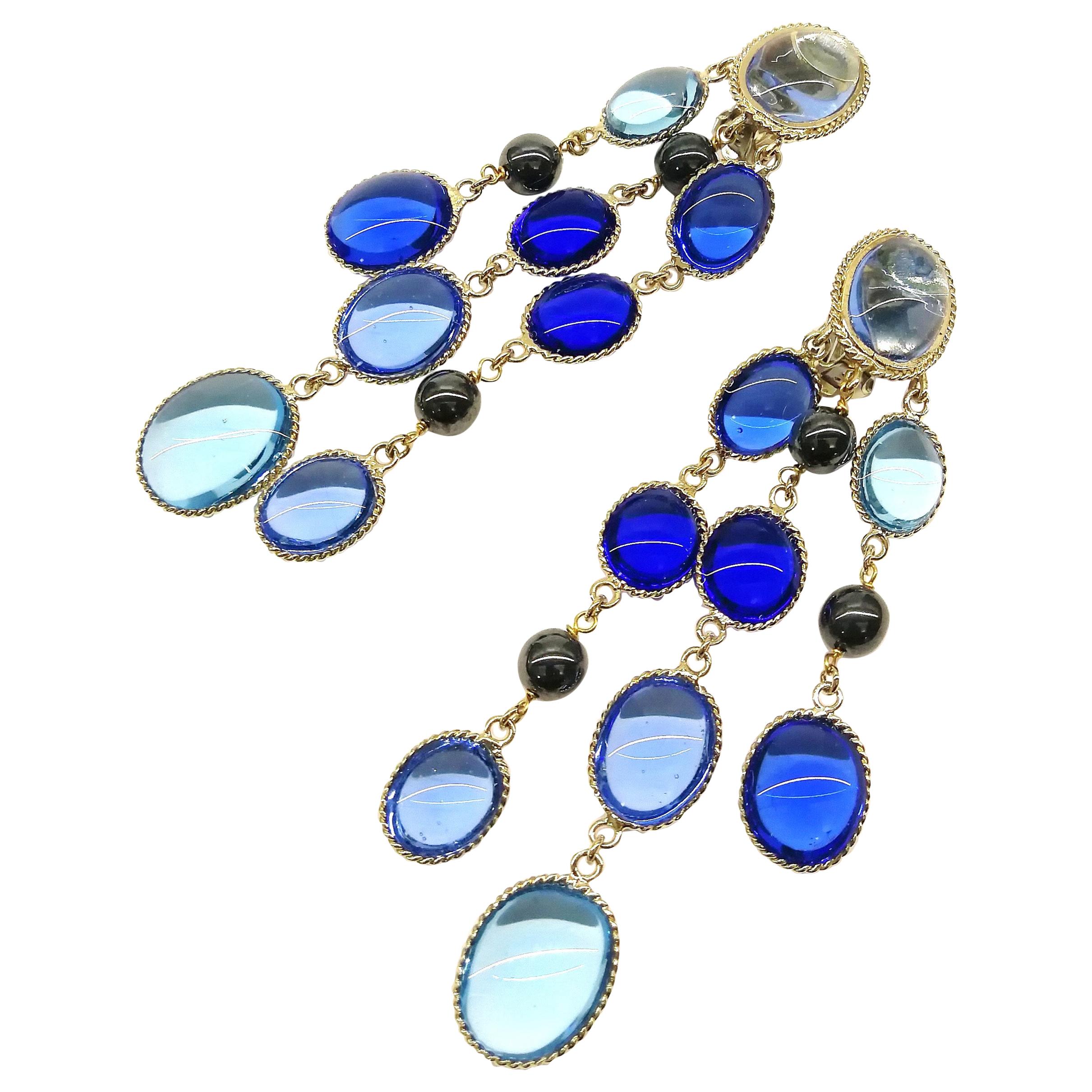 'WW; sapphire, light sapphire poured glass, and pearl 3 row drop earrings, 2018