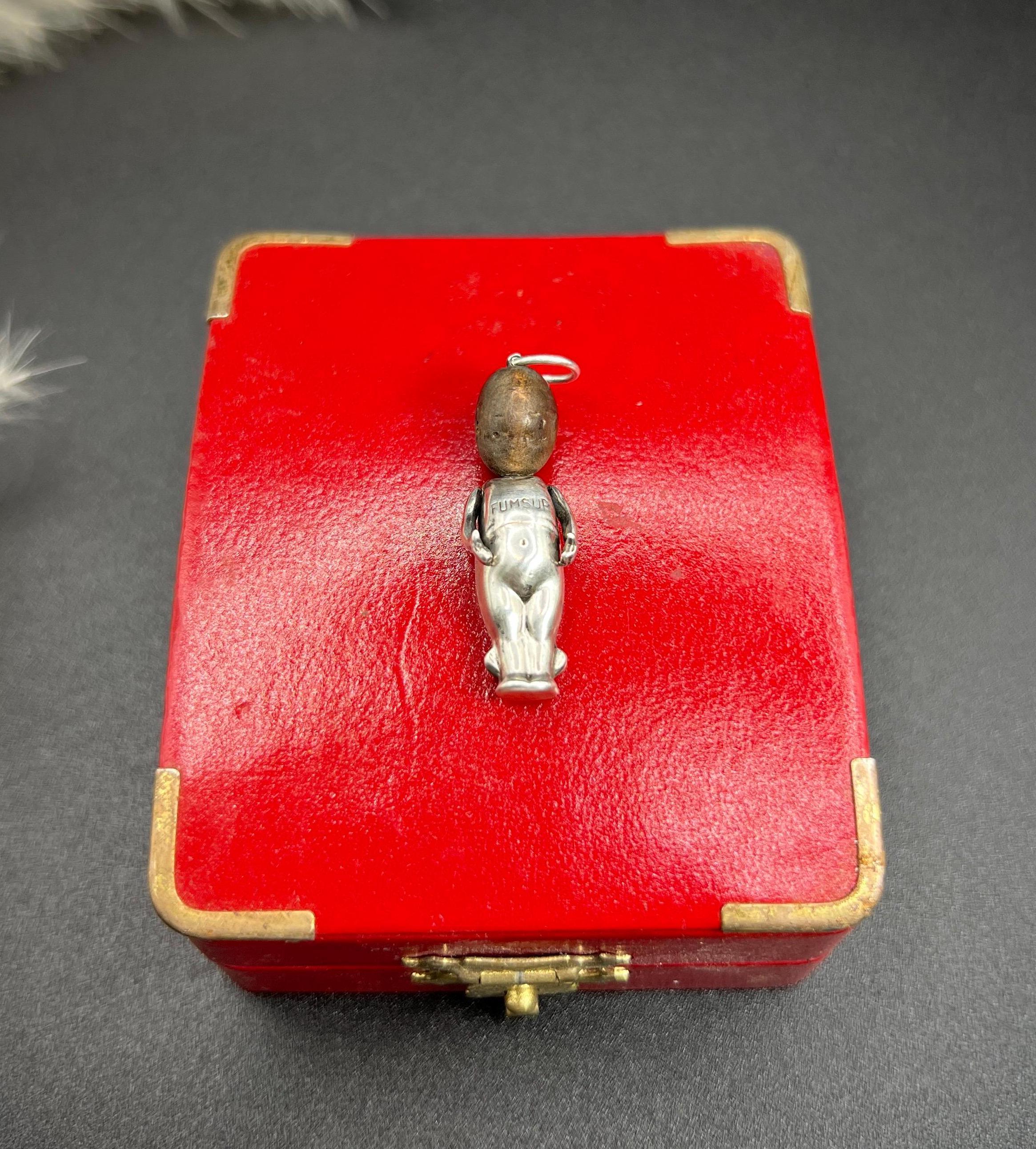 WW1 English Silver & Wood Articulated FUMSUP Good Luck, Touch Wood Pendent Charm 6