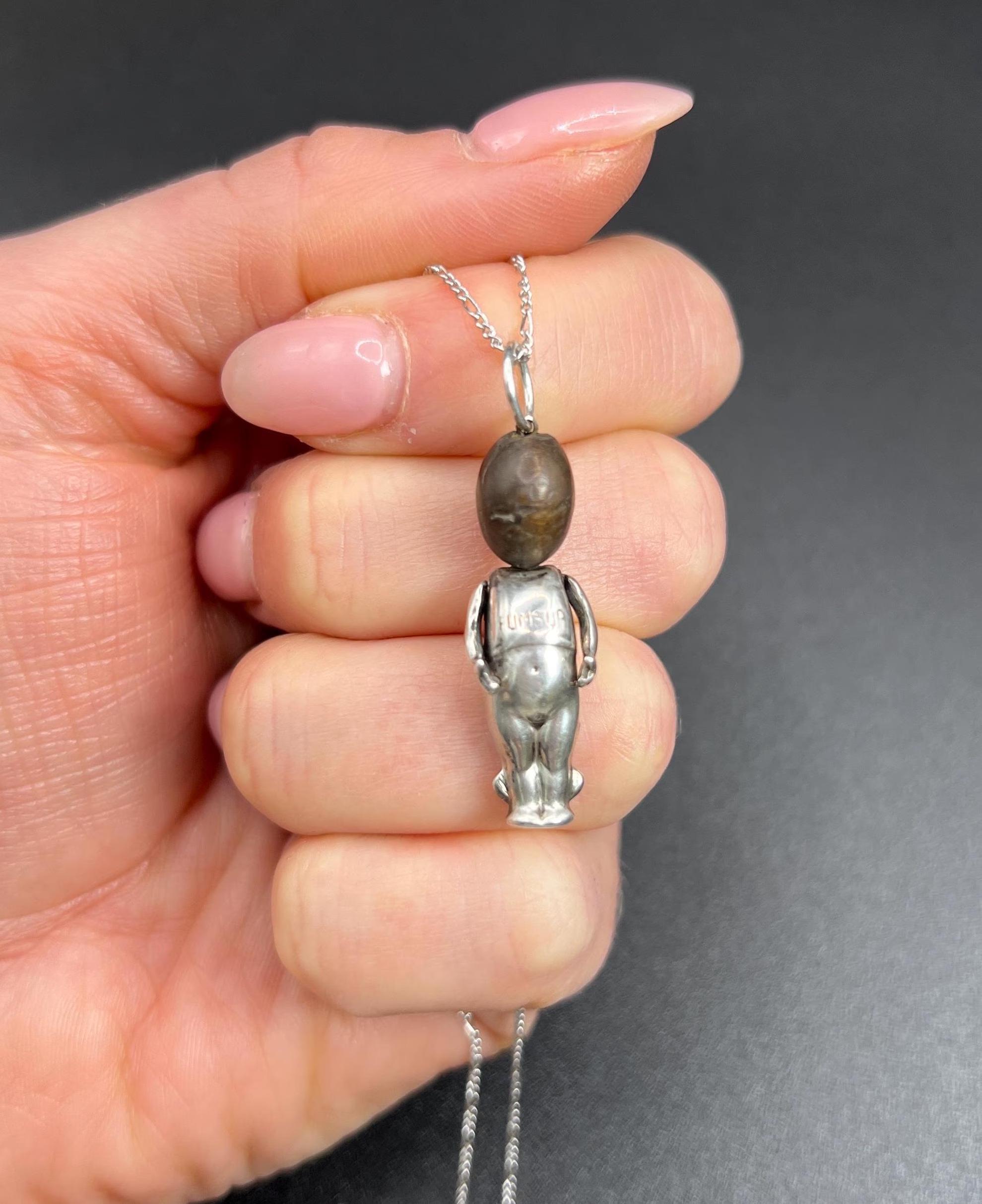 WW1 English Silver & Wood Articulated FUMSUP Good Luck, Touch Wood Pendent Charm 7