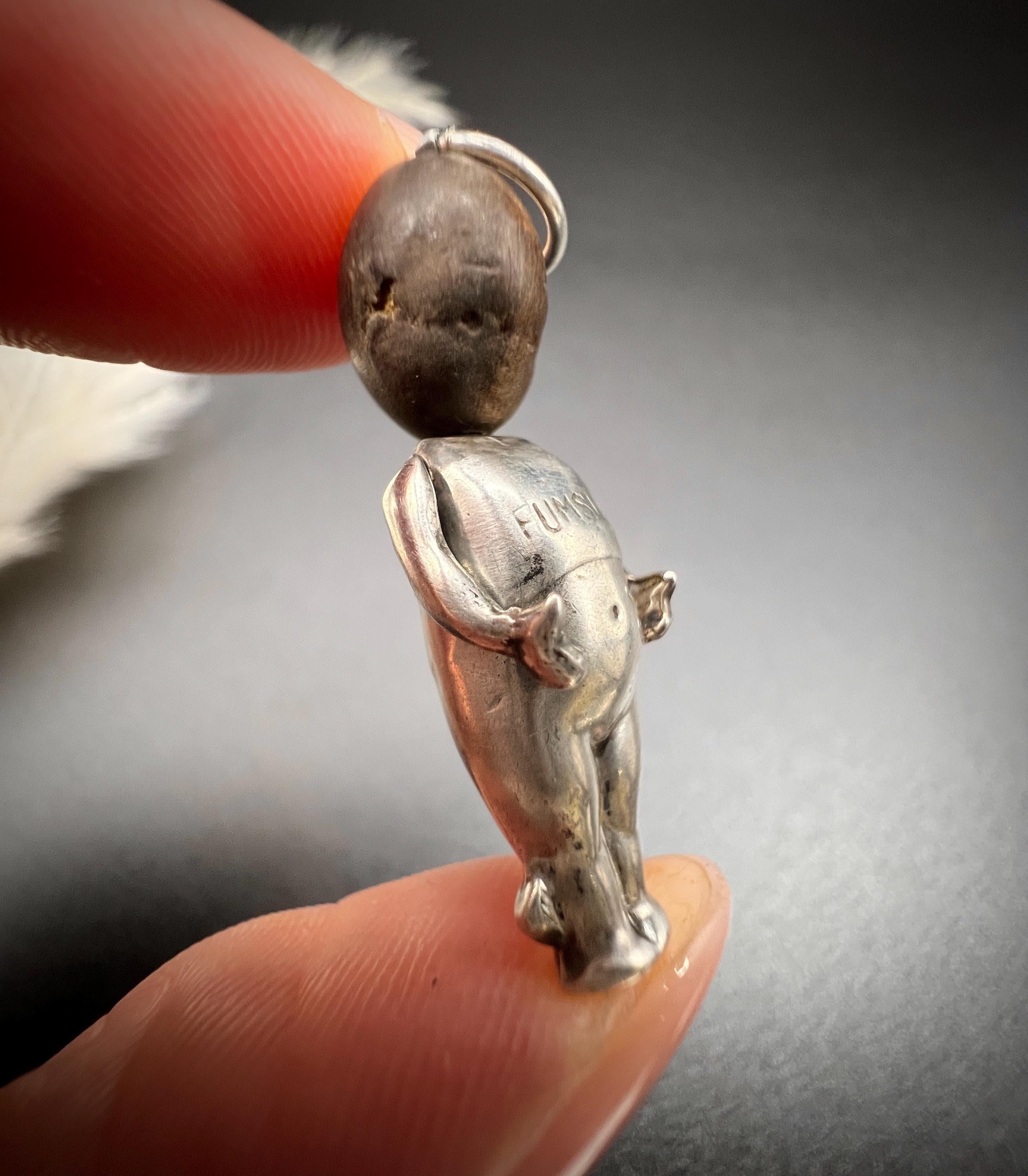WW1 English Silver & Wood Articulated FUMSUP Good Luck, Touch Wood Pendent Charm 1