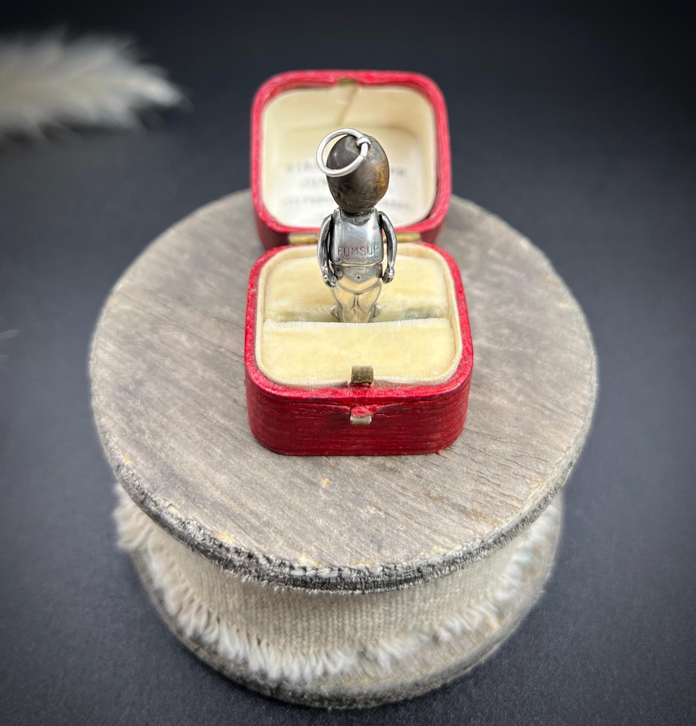 WW1 English Silver & Wood Articulated FUMSUP Good Luck, Touch Wood Pendent Charm 3