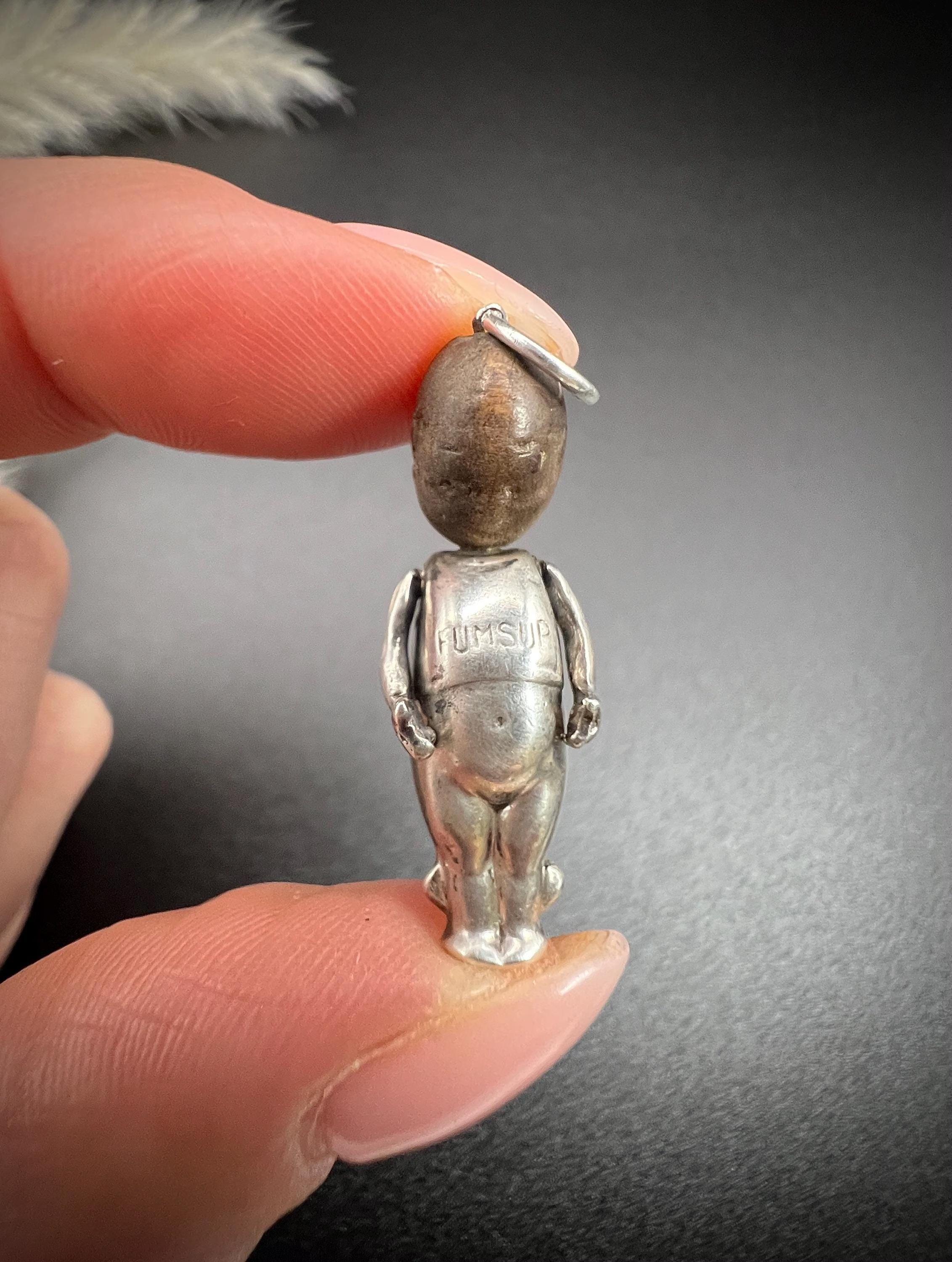 WW1 English Silver & Wood Articulated FUMSUP Good Luck, Touch Wood Pendent Charm 4