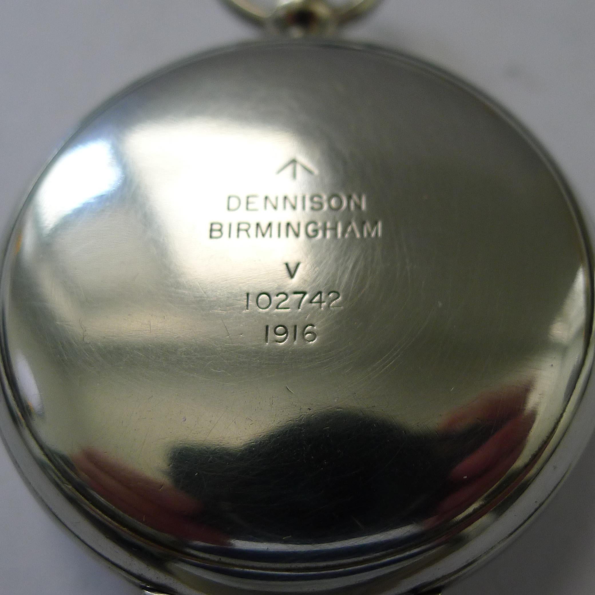 A handsome antique English military compass from World War 1 dated 1916 together with the makers signature, Dennison of Birmingham.  It is also engraved with the military arrow together with the number 102742.

The full hunter nickel case is in good
