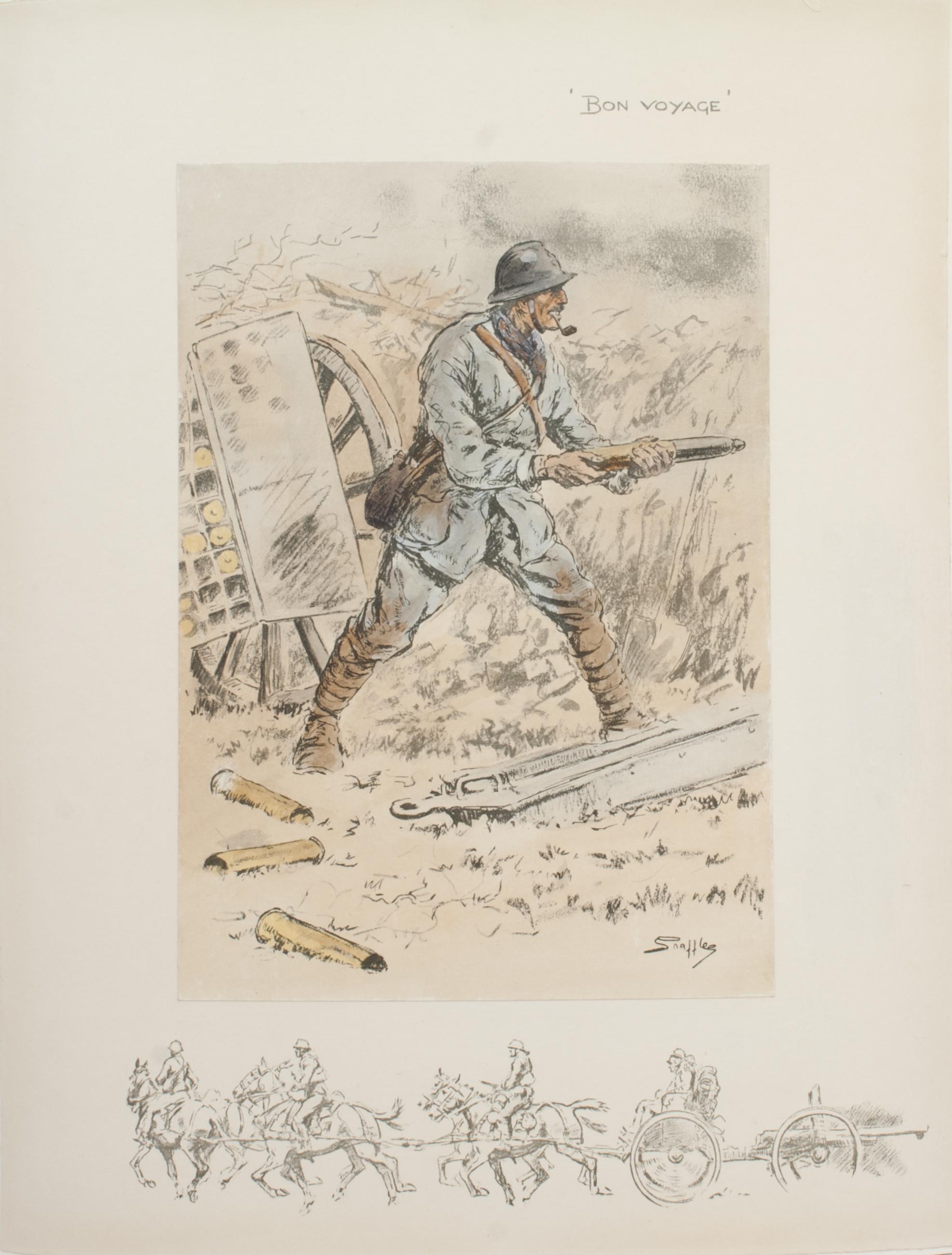 Estampa Militar Vintage Snaffles WWI, Bon Voyage.
Una buena litografía coloreada a mano de Snaffles, grabado militar de la Primera Guerra Mundial 