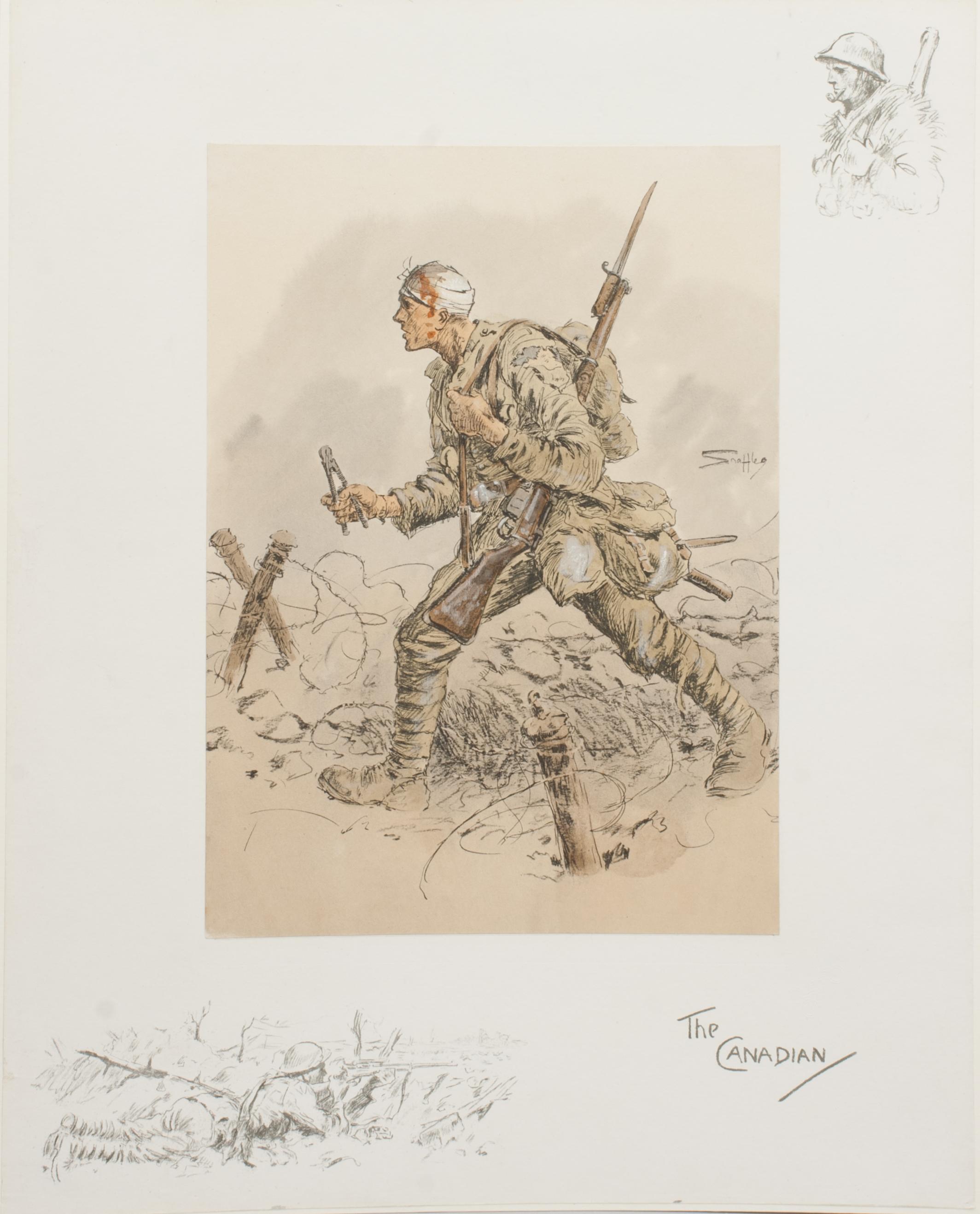 Vintage Snaffles WWI Military Print, The Canadian.
A good Snaffles WWI military print 'The Canadian', the main center colour-piece hand coloured lithograph is mounted onto the printed remarque board. The picture shows a wounded soldier charging