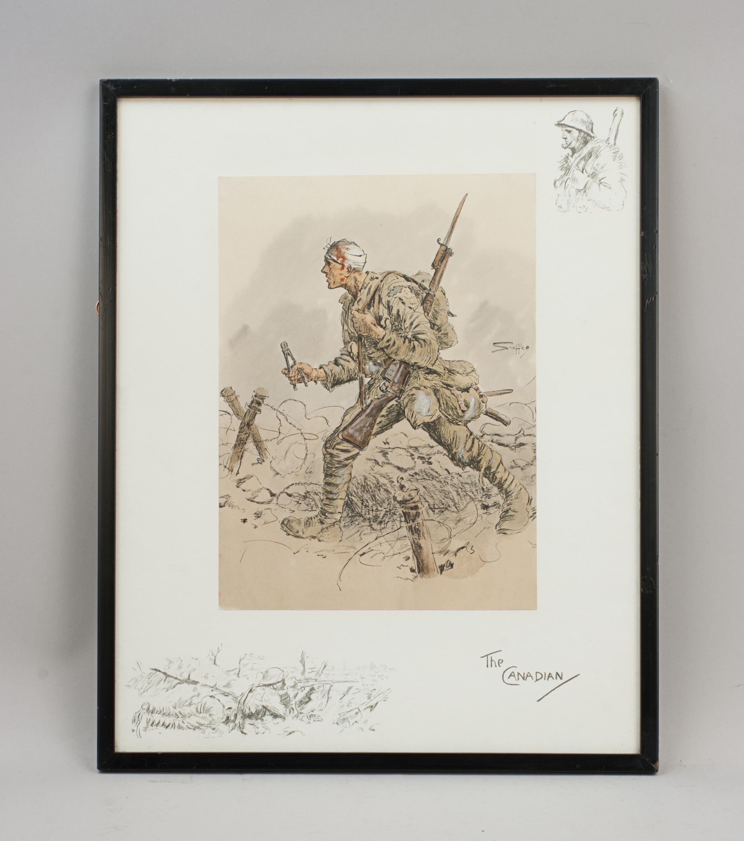 Anglais Gravure militaire WW1, canadienne, par Snaffles en vente